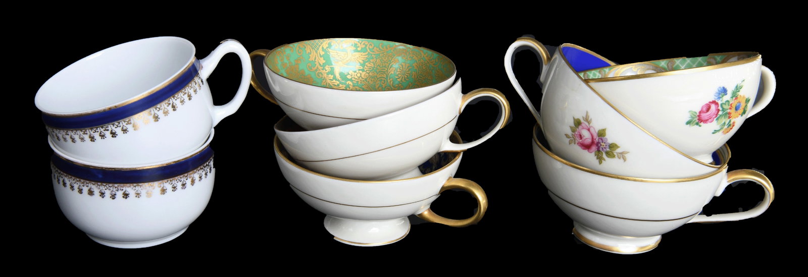 Group of Rosenthal & American China Teacups & Saucers: Group of Rosenthal & American China Teacups & Saucers 2 x Rosenthal teacups with one saucer dark blue with gold 1 x Rosenthal teacup and saucer blue with rose 1 x Rosenthal teacup and saucer royal blu