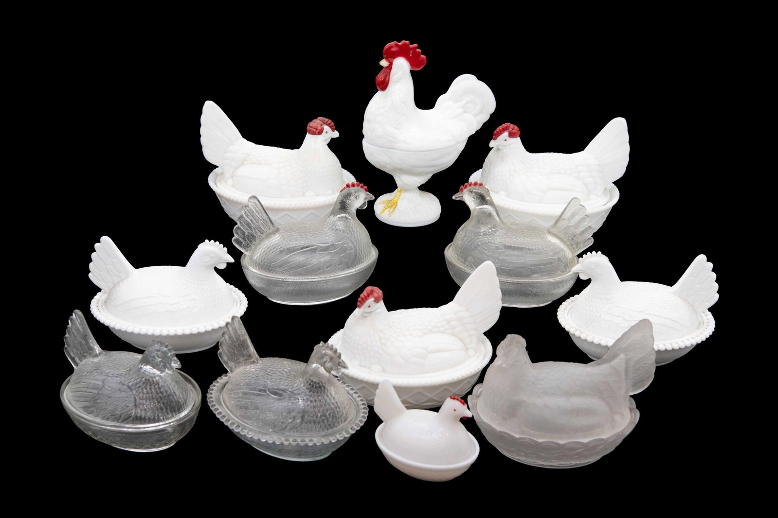 Collection of Milk Glass Hens Incl. Westmoreland: Collection of Milk Glass Hens Incl. Westmoreland 5 x Opaque Glass 7 x Milk Glass 12 total Approximate size of largest piece: 8.75” H x 4” W x 6.5” D Approximate size of smallest
