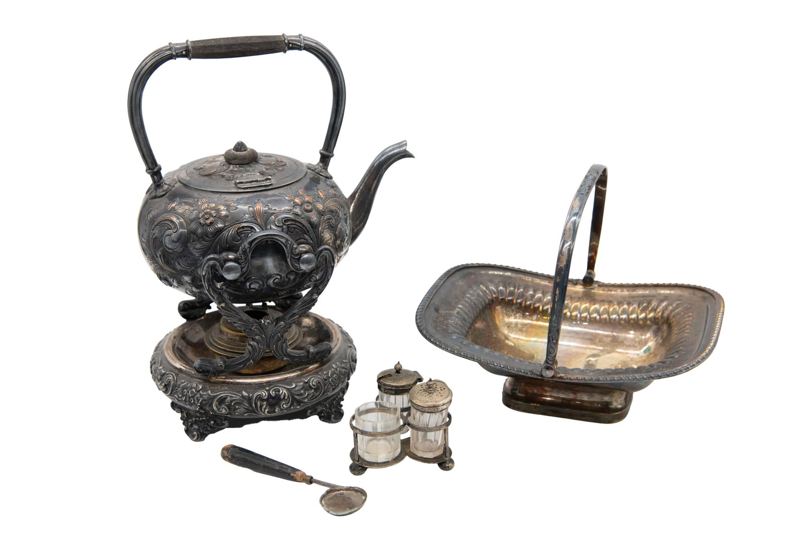 Group incl. Silver on Copper Tilting Kettle: Group incl. Silver on Copper Tilting Kettle Sheffield Silver on Copper Kettle GH Glass Salt Shaker, Pepper Shaker, and Sugar set Plated Dish Approximate size of tray: 7.5" H x 9.5" W x 7.75" D Approxi