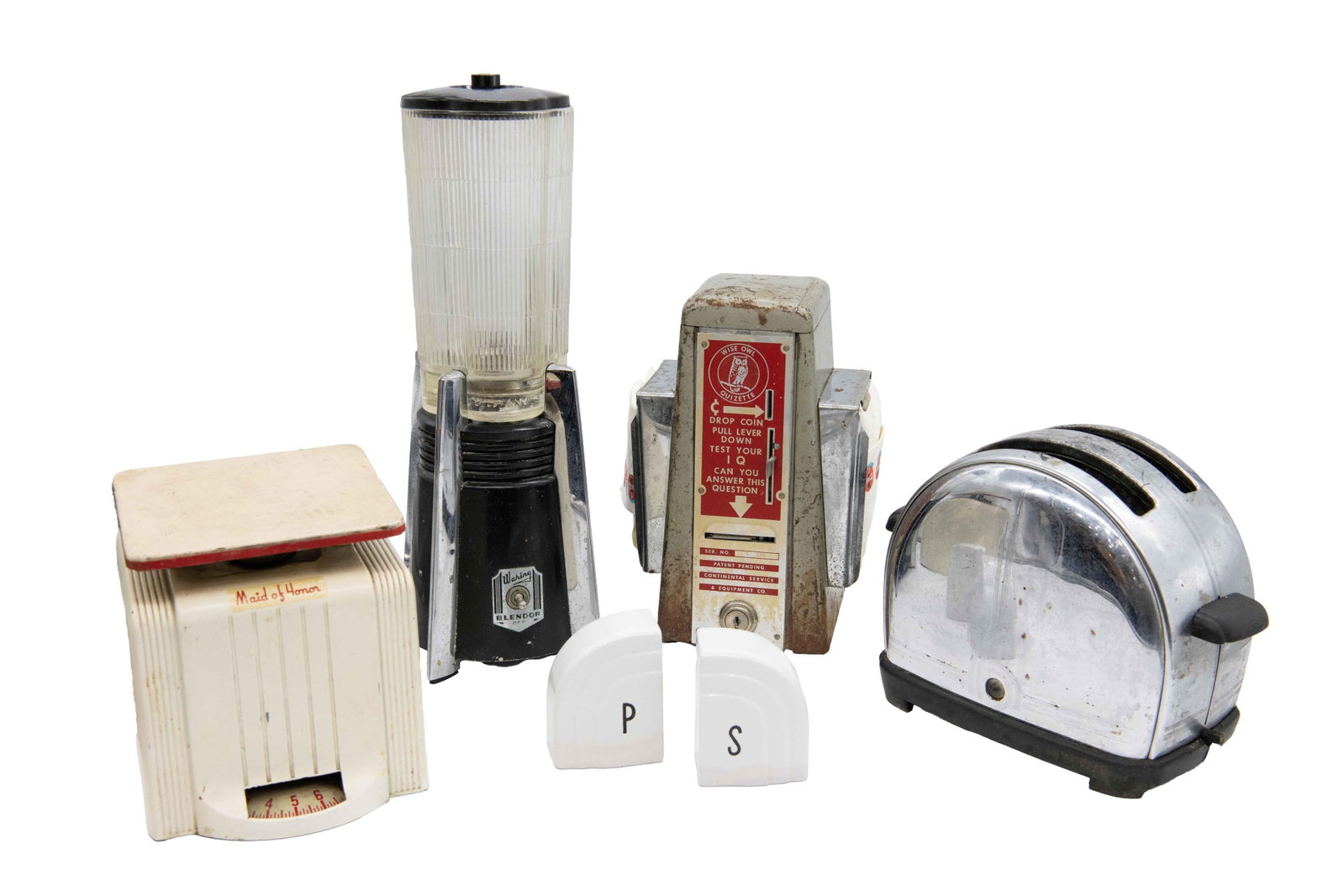Group of Art Deco Kitchenwares: Group of Art Deco Kitchenwares - Wise Owl Quizette coin machine and napkin holder Approximate size: 10" H x 6.75" W x 5" D - Maid of Honor counter scale Approximate size: 6.75" H x 6.25" W x 7" D -