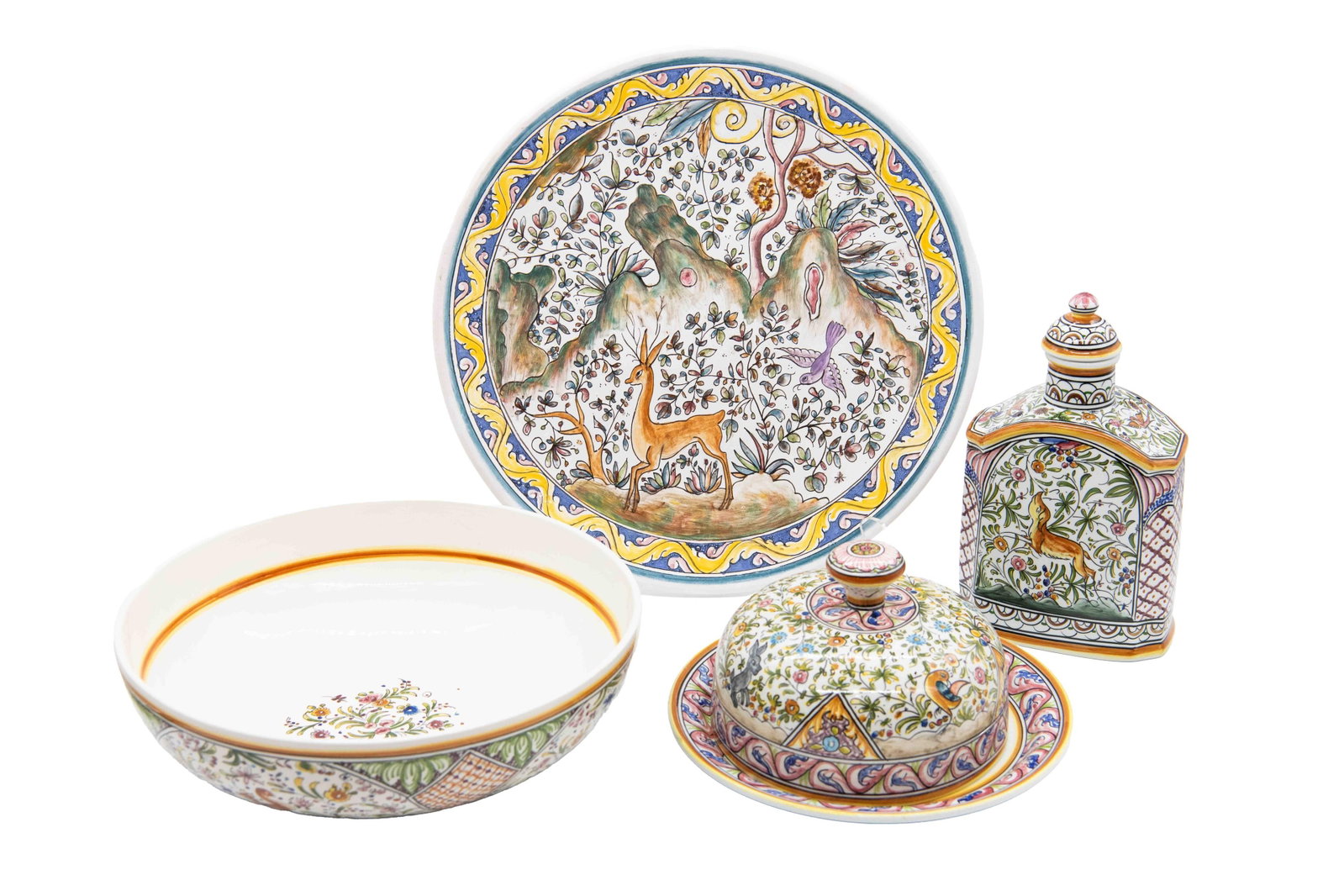 Group Portuguese Ceramic Tableware: Group Portuguese Ceramic Tableware 1 x Cloche and Plate Approximate size: 5.25” H x 9.625” W x 9.625” D 1 x Decanter Approximate size: 9.25” H x 5.25” W x 3.25” D 1