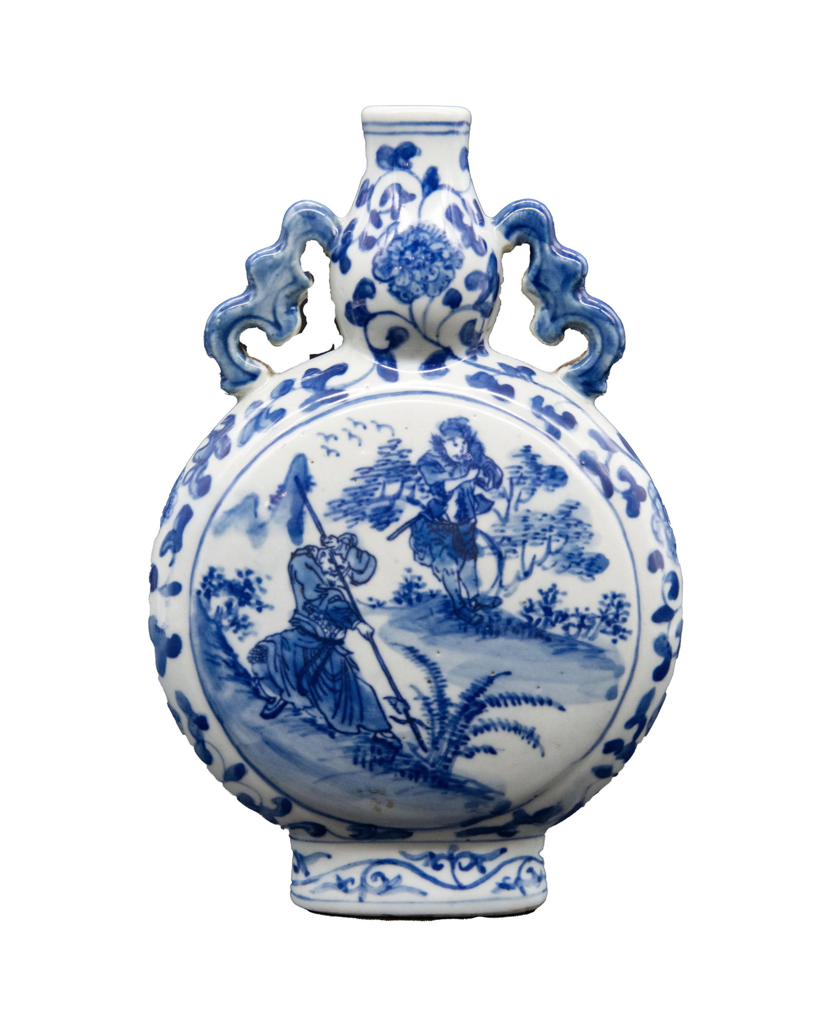 Qianlong Qing Blue and White Porcelain Chinese Vase Flask: Qianlong Qing Blue and White Porcelain Chinese Vase Flask 6 Character Seal Mark Inscription on base translates to : (Dà Qing) – Great Qing (Dynasty) (Qiánlóng) – Qianlong Em