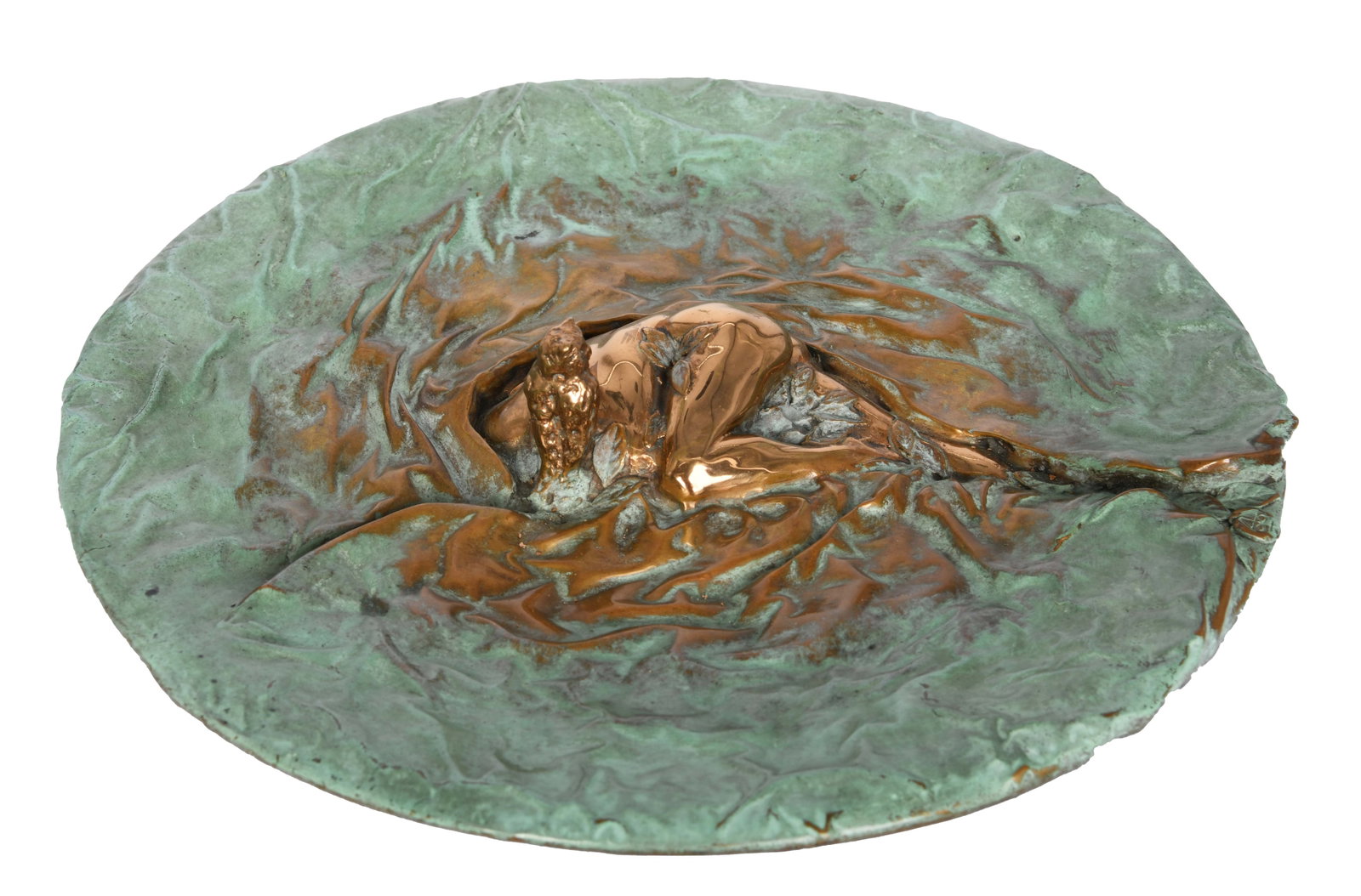 Venturi Arte Bronze Gilt Plate #4: Venturi Arte Bronze Gilt Plate #4 Venturi Arte Bronze Gilt Plate Figure Laying with Owl. In the mid-sixties Gianpaolo Venturi decided to open his own artistic foundry. He was son of the industrial fou