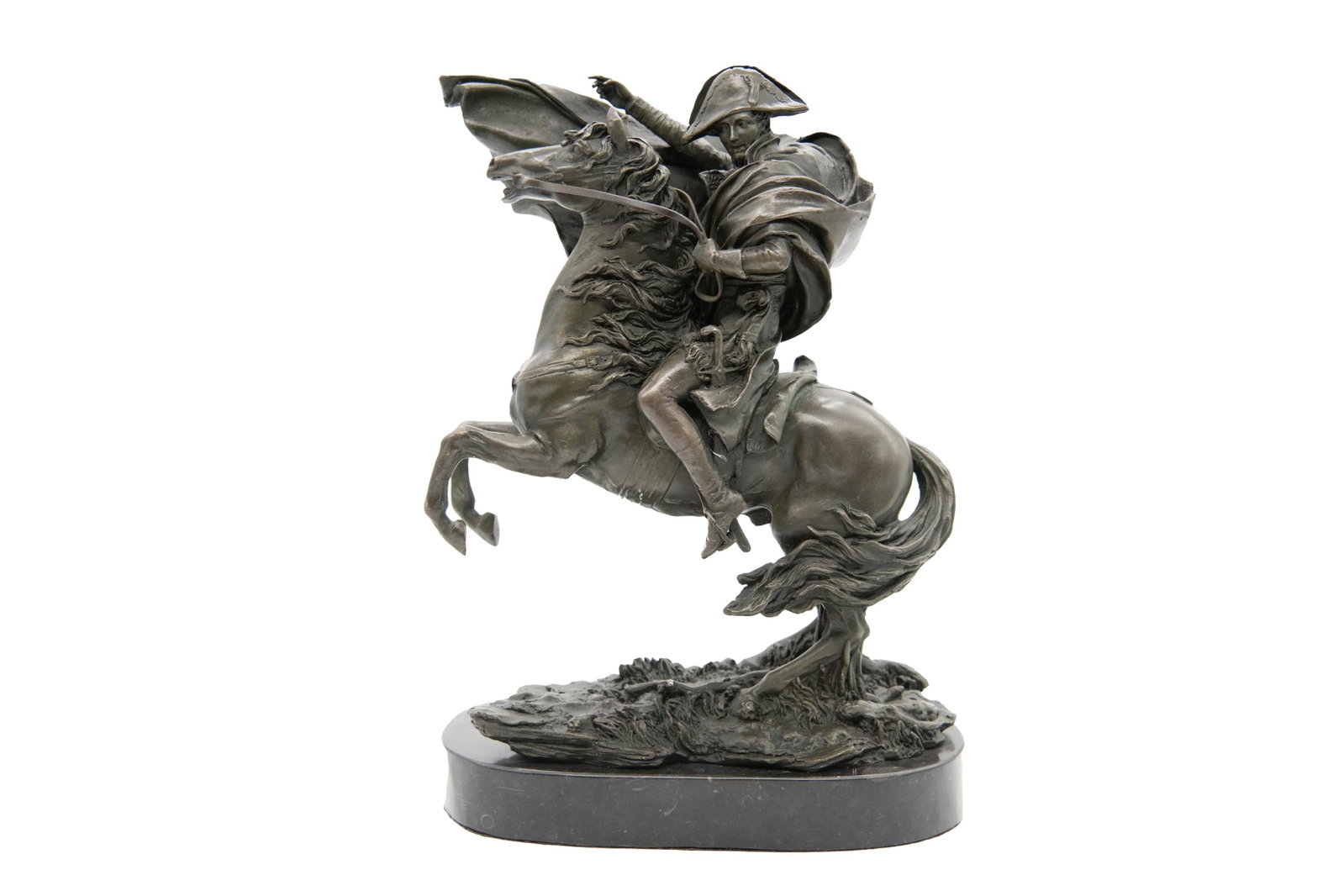 Signed "Carpeaux" Napoleon Bonaparte on Horse Bronze Sculpture Hot Cast Figurine 12? x 8? (with: Signed "Carpeaux" Napoleon Bonaparte on Horse Bronze Sculpture Hot Cast Figurine This bronze sculpture, inspired by the famous painting Napoleon Crossing the Alps, captures the emperor in a majestic p