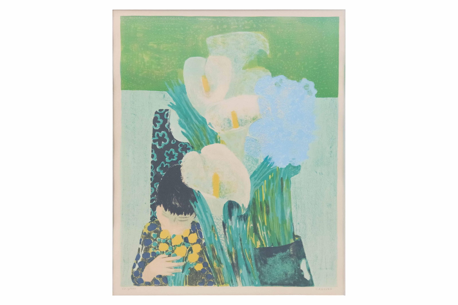 Noé Canjura, Spanish 1924-1970, Floral portrait "Jeune Fille aux Lys" (Young Girl with: Noé Canjura Spanish, 1924-1970 Floral portrait "Jeune Fille aux Lys" (Young Girl with Lillies) Lithograph Signed in pencil "Canjura" Edition inscribed 14/20 - "XXIV/XXX" Approximate frame size: 3