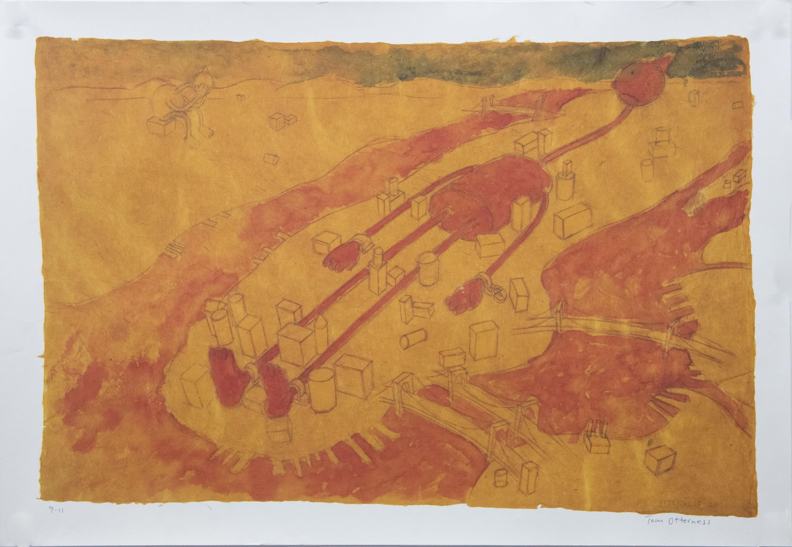 Tom Otterness, American 1952, Nine-Eleven 9/11, Signed, Offset Lithograph: Tom Otterness American, 1952 Nine-Eleven 9/11, Signed Offset Lithograph Signed within the image and hand signed bottom right Inscribed 9-11 bottom left. "Tom Otterness's offset lithograph print, title