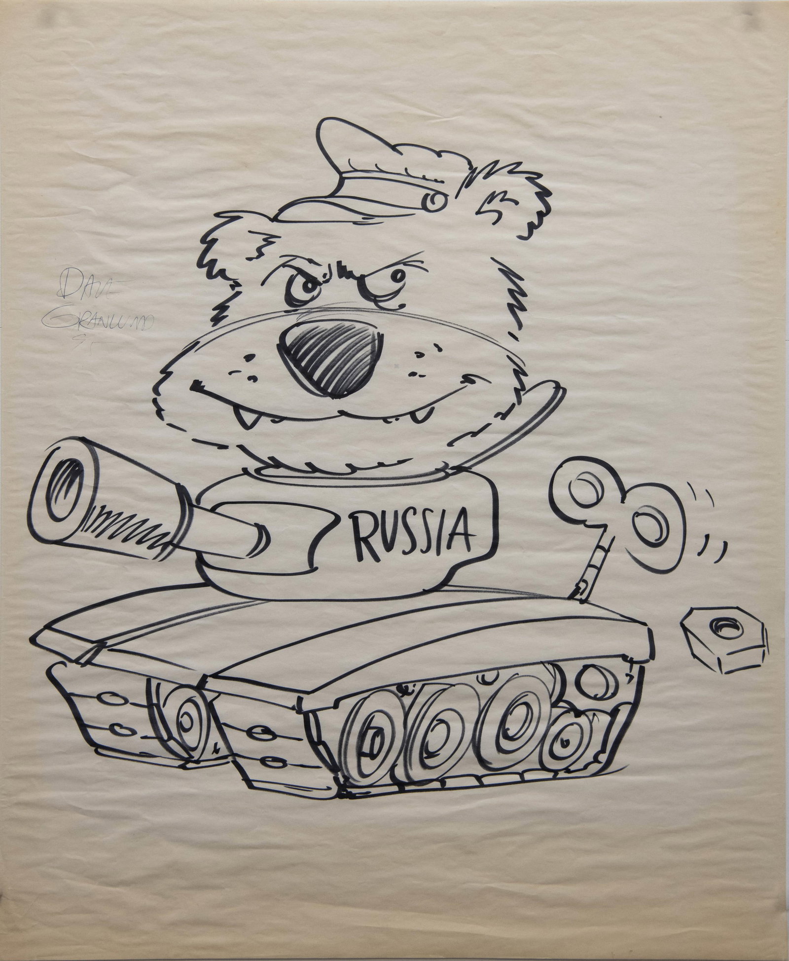 Dave Granlund, Political Cartoon, Russian Tank, Marker on Paper: Dave Granlund Political Cartoon, Russian Tank Marker on Paper A sketch in marker of a wind up tank marked 'Russia' driven by a disgruntled toy bear in a military uniform. Signed 'Dave Granlund' in ink
