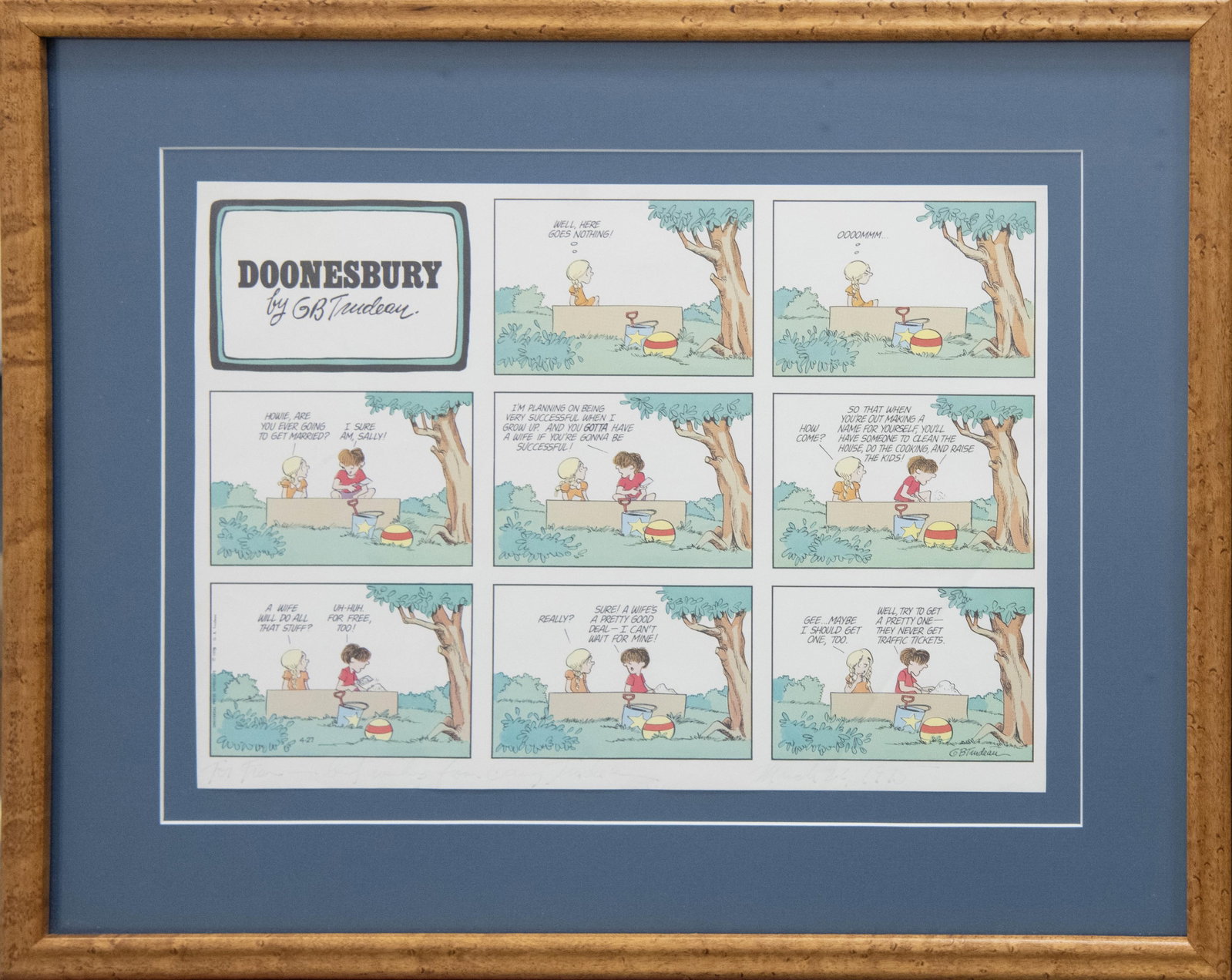 Garry Trudeau, American 1948, Doonesbury Comic Strip, Signed: Garry Trudeau American, 1948 Doonesbury Comic Strip, Signed Signed Doonesbury Comic by Gary Trudeau c.1975 Inscribed on left: “To Fran — best wishes from Garry Trudeau” Inscribed on 