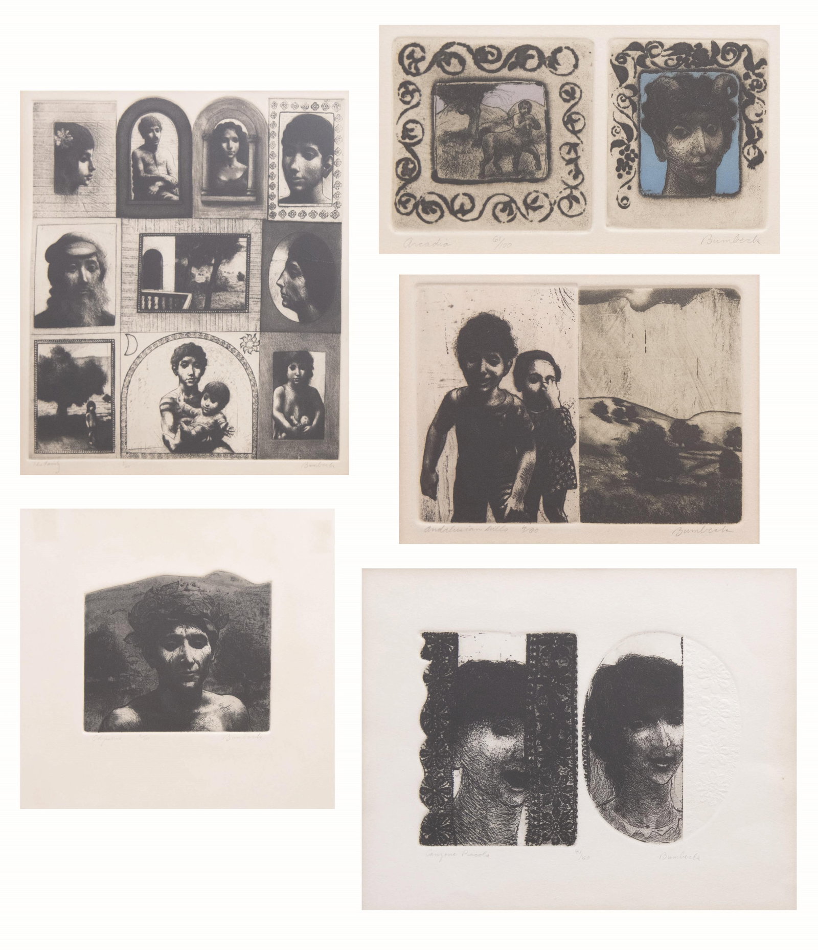 David Bumbeck, American 1940-, Group of 5, Intaglio: David Bumbeck American, 1940- Group of 5 Intaglio 'The Family' Edition 5/65 Signed bottom right Approximate frame size: 23.5” H x 21” W x .75” D Approximate image size: 15.75R