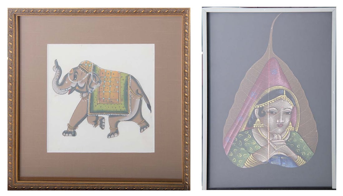 Two Indian Watercolors on Silk & a Leaf (1 of 5)
