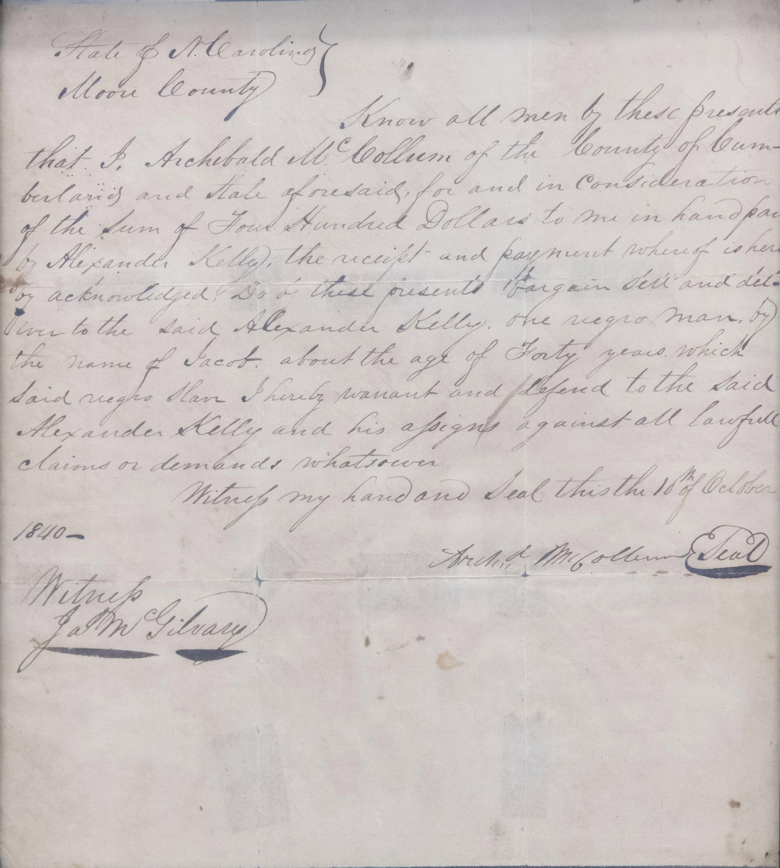 Framed Bill of Sale, North Carolina c.1840 (1 of 4)