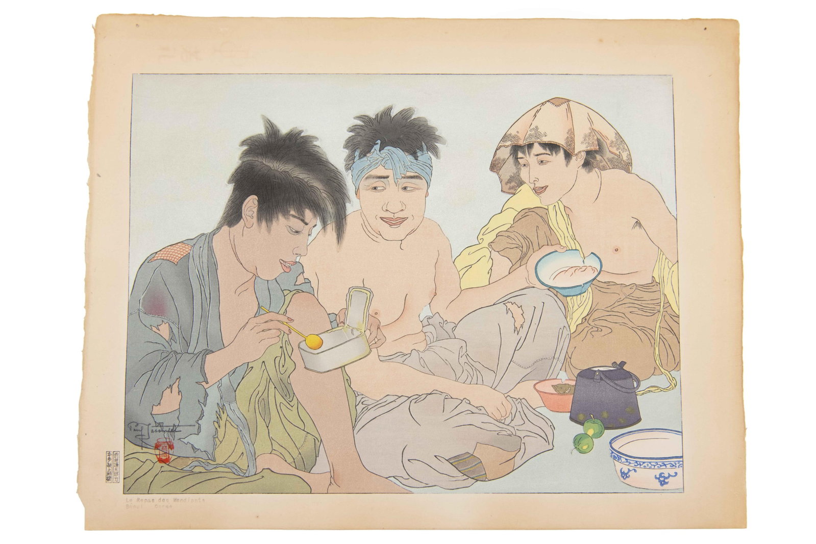 Paul Jacoulet, French 1896-1960, La Repas Des Mendiants, Seoul Corea, Japanese Woodblock Print (1 of 5)
