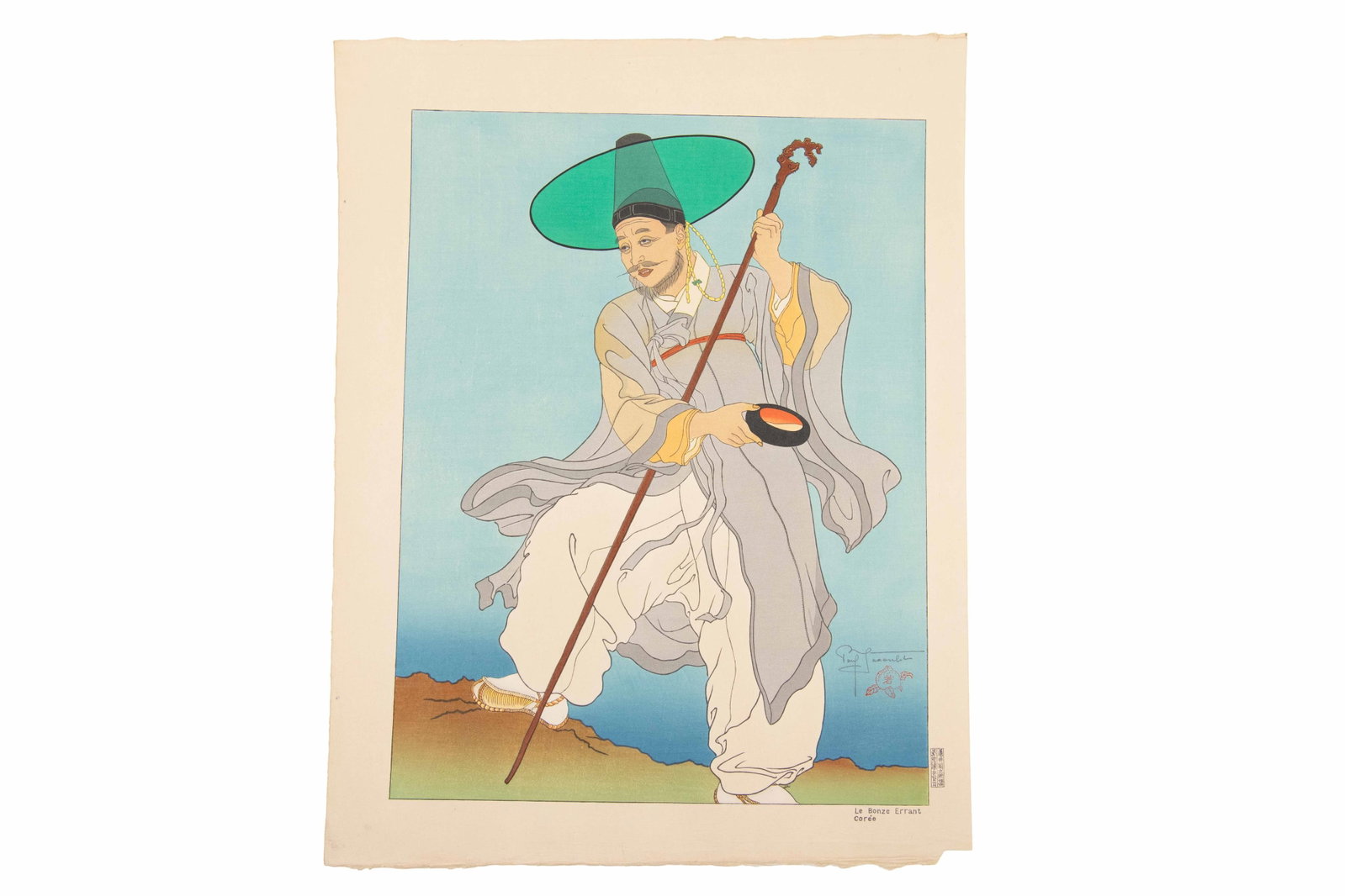 Paul Jacoulet, French/Japanese 1896-1960, Le Bonze Errant Coree, Japanese Woodblock Print: Paul Jacoulet French/Japanese, 1896-1960 Le Bonze Errant Coree Japanese Woodblock Print Le Bonze Errant Coree (The Wandering Monk Korea) Japanese Woodblock Print Limited edition stamp on verso 98/250