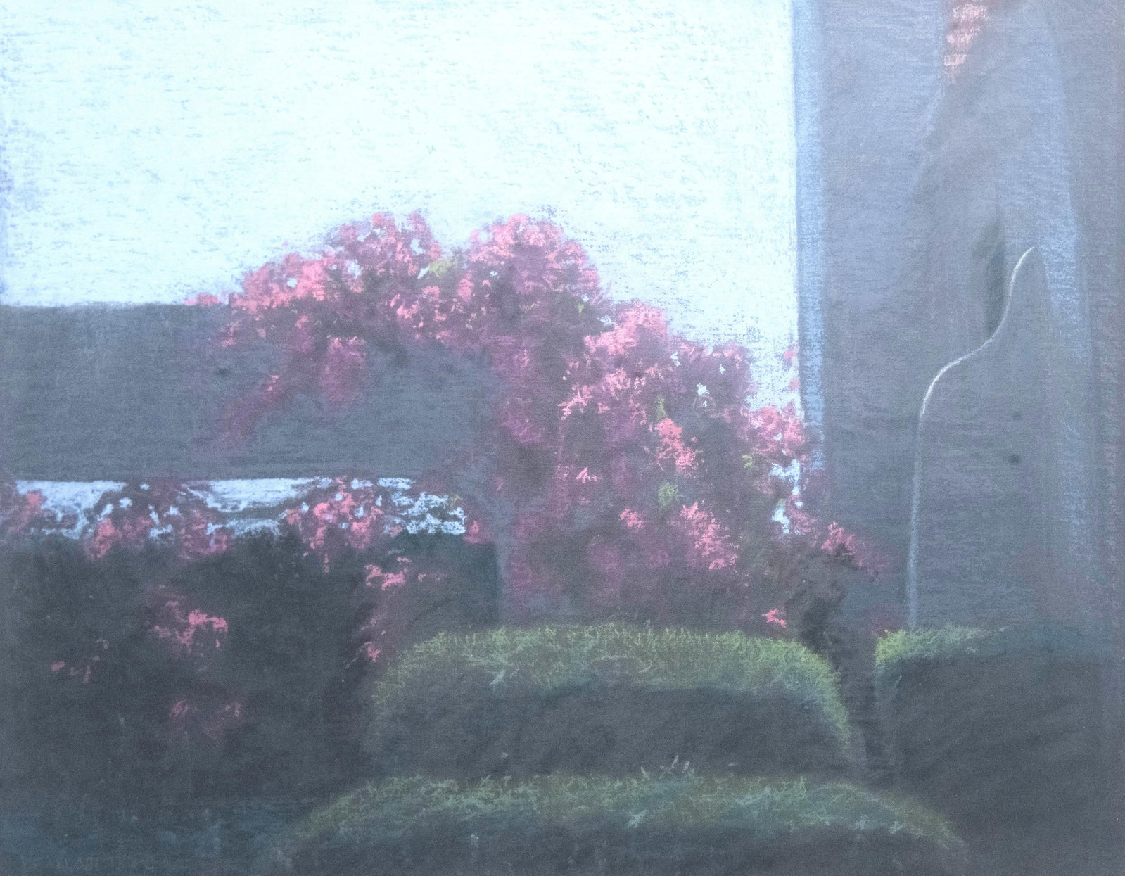 David J. Martin, Wyoming 1951-, Bougainvillea III, 1984, Pastel on Canvas: David J. Martin Wyoming, 1951- Bougainvillea III, 1984 Pastel on Canvas Approximate frame size: 20.75” H x 28.25” W x 1.25” D Approximate image size: 17.5” H x 23.5” W
