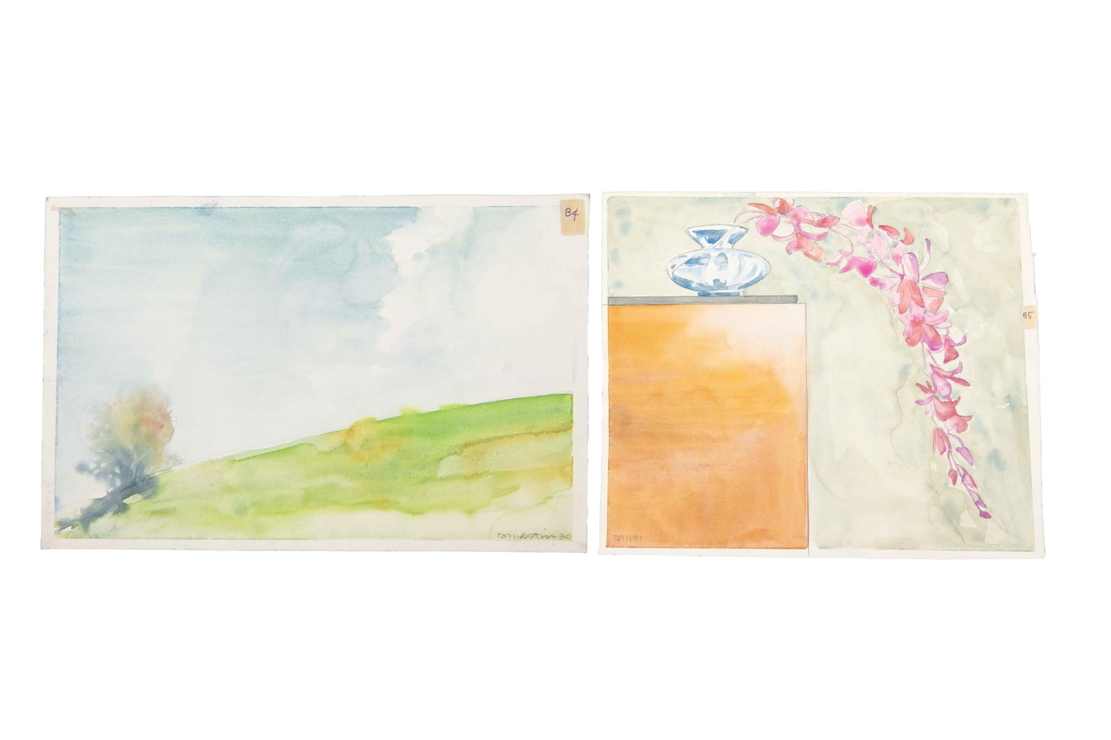 David J. Martin, Wyoming 1951-, Group of 2: Landscape & Orchid, Watercolor: David J. Martin Wyoming, 1951- Group of 2: Landscape & Orchid Watercolor Landscape c.1980 Approximate size: 7.325” H x 11.5” W Orchid c.1981 Approximate size: 11.5” H x 13.75