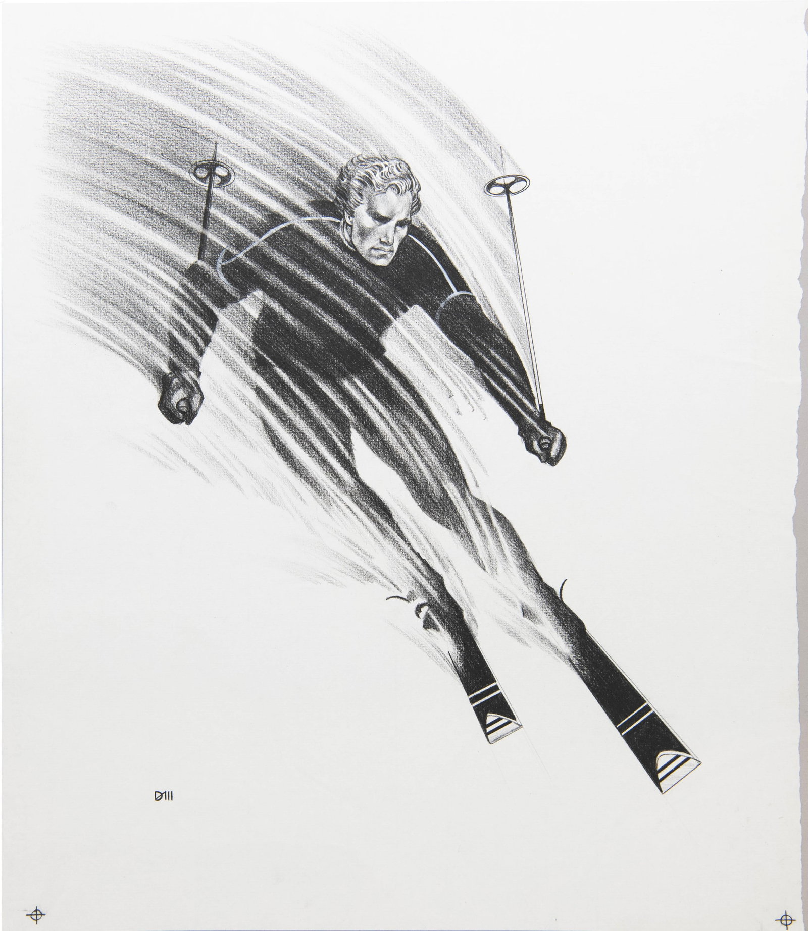 David J. Martin, Wyoming 1951-, Original Illustration of a Skier, Graphite / Charcoal: David J. Martin Wyoming, 1951- Original Illustration of a Skier Graphite / Charcoal Likely maquette / prototype intended for editorial Magazine use Approximate size: 19.75” H x 17” W