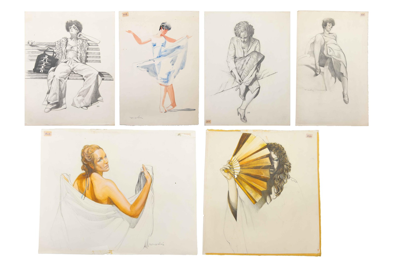 David J. Martin, Wyoming 1951-, Group of 6 Original Illustrations of Feminine Figures, Charcoal /: David J. Martin Wyoming, 1951- Group of 6 Original Illustrations of Feminine Figures Charcoal / Pastel / Graphite - Woman with fan Approximate size: 14.5” H x 13.5” W - Woman in beach towe