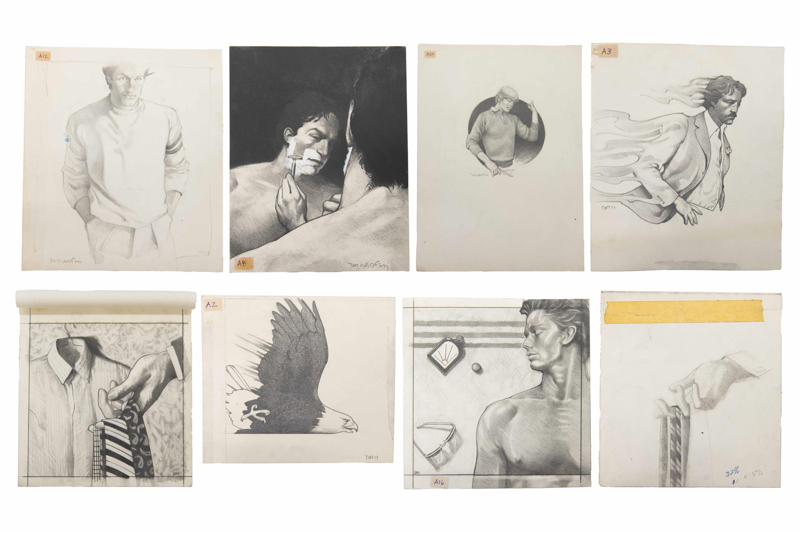 David J. Martin, Wyoming 1951-, Group of 6 Original Illustrations, Charcoal / Pastel / Graphite: David J. Martin Wyoming, 1951- Group of 6 Original Illustrations Charcoal / Pastel / Graphite - Sun tanning initialed DM Approximate size: 8” H x 8” W - Hand holding ties inscribed in biro