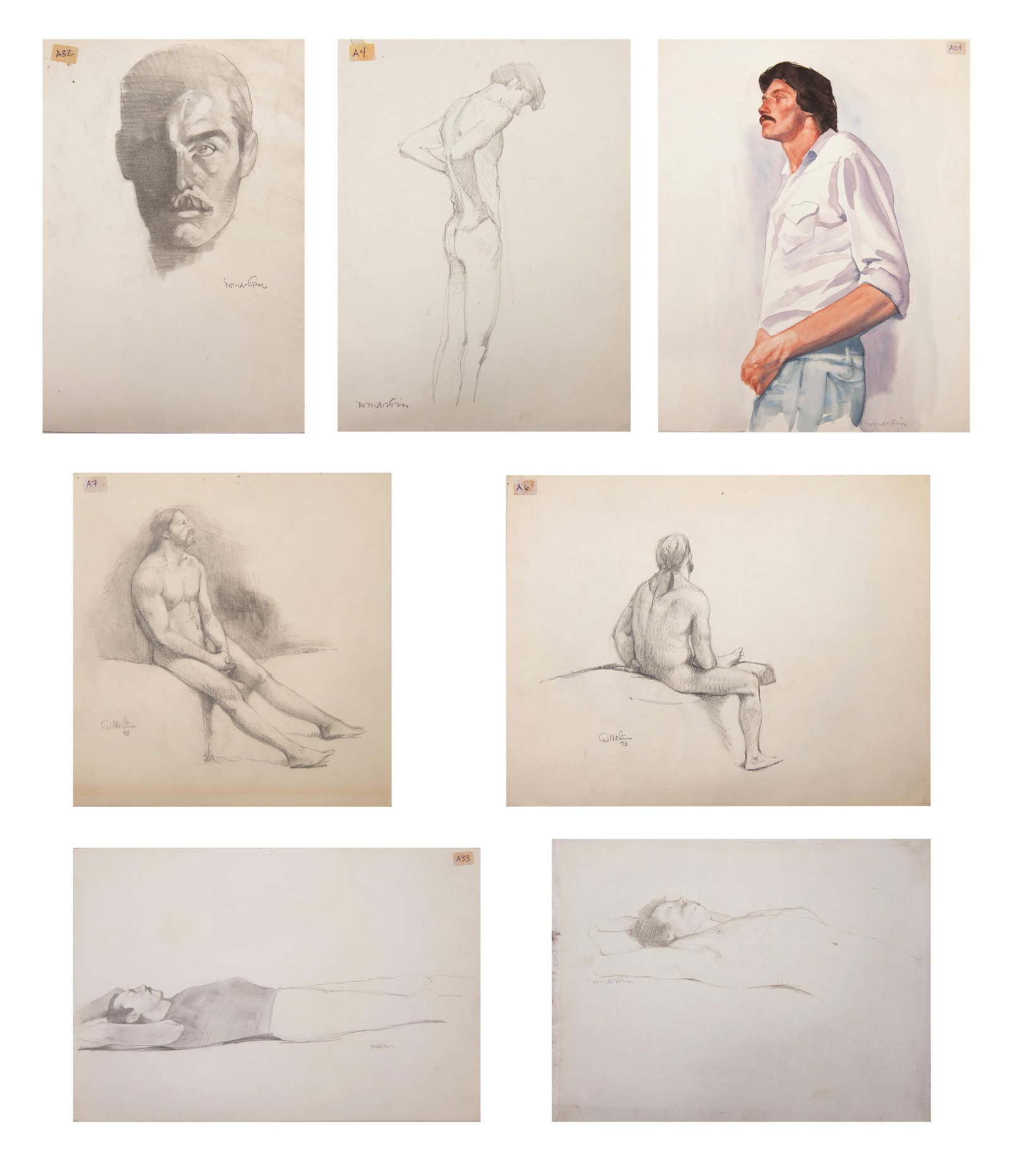 David J. Martin, Wyoming 1951-, Group of 7 Original Nude Study Illustrations, Charcoal / Pastel / (1 of 15)