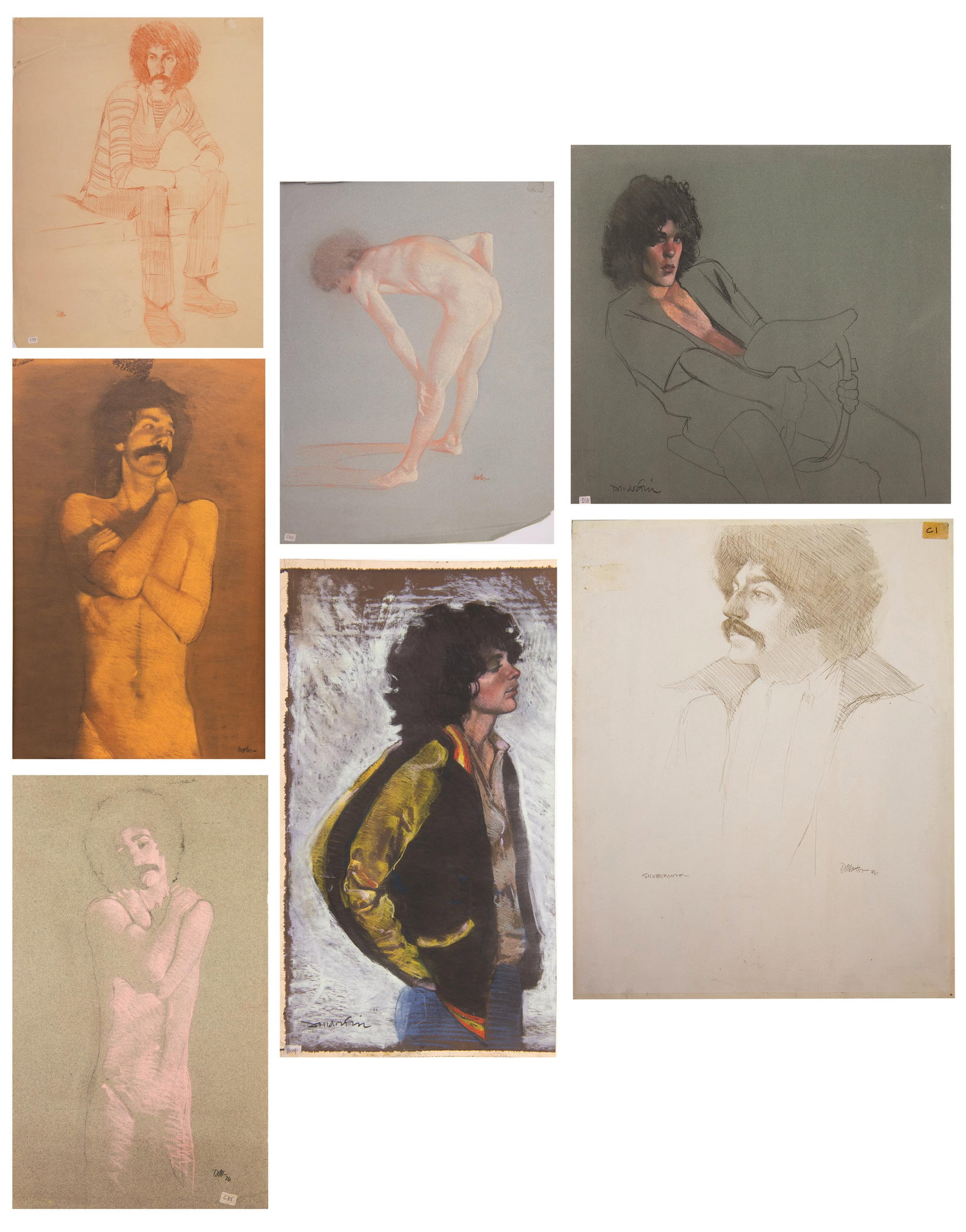 David J. Martin, Wyoming 1951-, Group of 7 Illustrations c.1976: David J. Martin Wyoming, 1951- Group of 7 Illustrations c.1976 - Silverpoint Approximate size: 14” H x 11” W - Portrait of man in brown and yellow jacket Approximate size: 22” H x 12