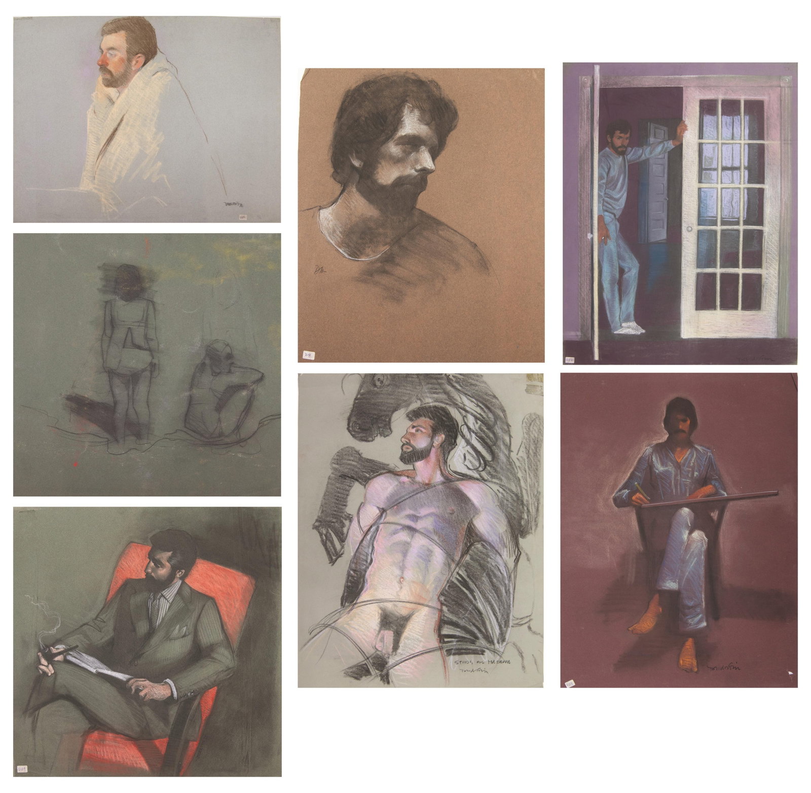 David J. Martin, Wyoming 1951-, Group of 7 Original Illustrations of Bearded Men: David J. Martin Wyoming, 1951- Group of 7 Original Illustrations of Bearded Men - Man with horse Approximate size: 25” H x 19” W - Man at desk Approximate size: 25.5” H x 19.75”
