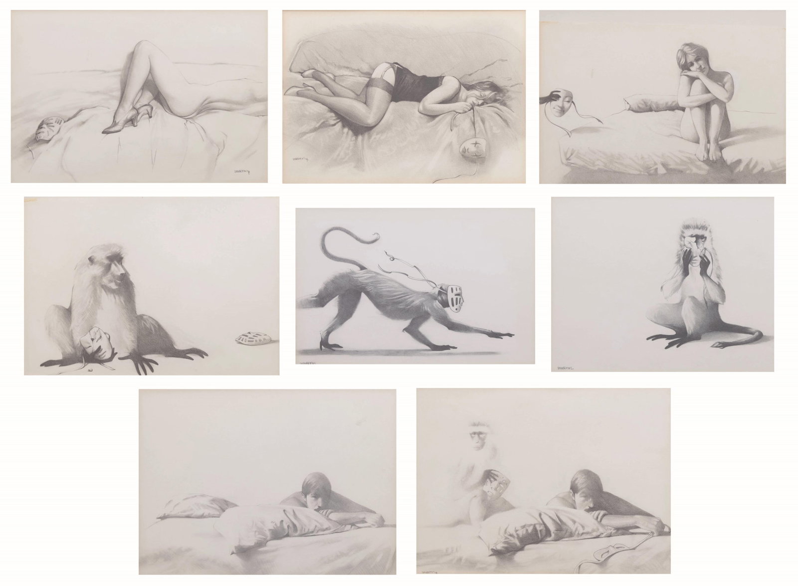 David J. Martin, Wyoming 1951-, Group of 8, 1970's, Graphite on Paper: David J. Martin Wyoming, 1951- Group of 8, 1970's Graphite on Paper Unmasked Woman, Signed bottom left c.1977, Graphite on Paper Framed, as is. Approximate frame size each: 15.75” H x 20.75̶