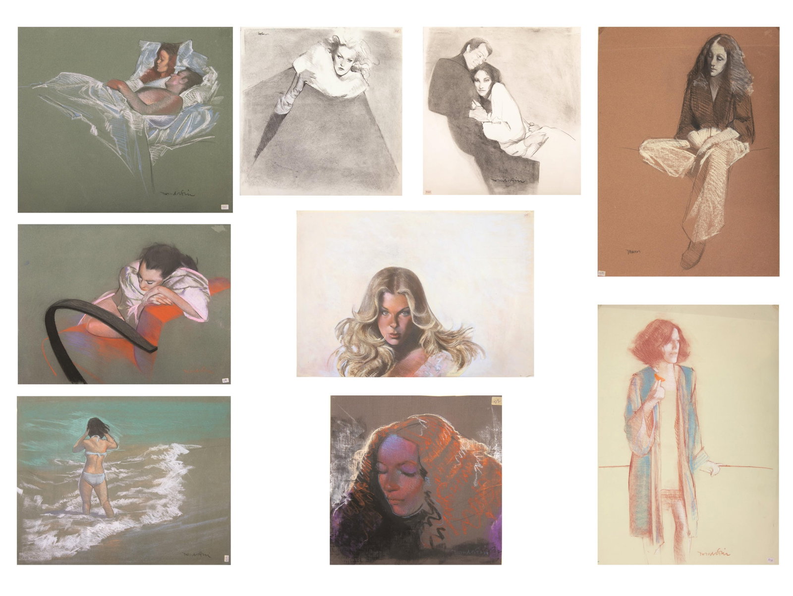 David J. Martin, Wyoming 1951-, Group of 9 Original Study Illustrations featuring Women, Conte: David J. Martin Wyoming, 1951- Group of 9 Original Study Illustrations featuring Women Conte Crayon / Chalk / Pastel Likely maquette / prototype intended for editorial Magazine use - Woman resting on 