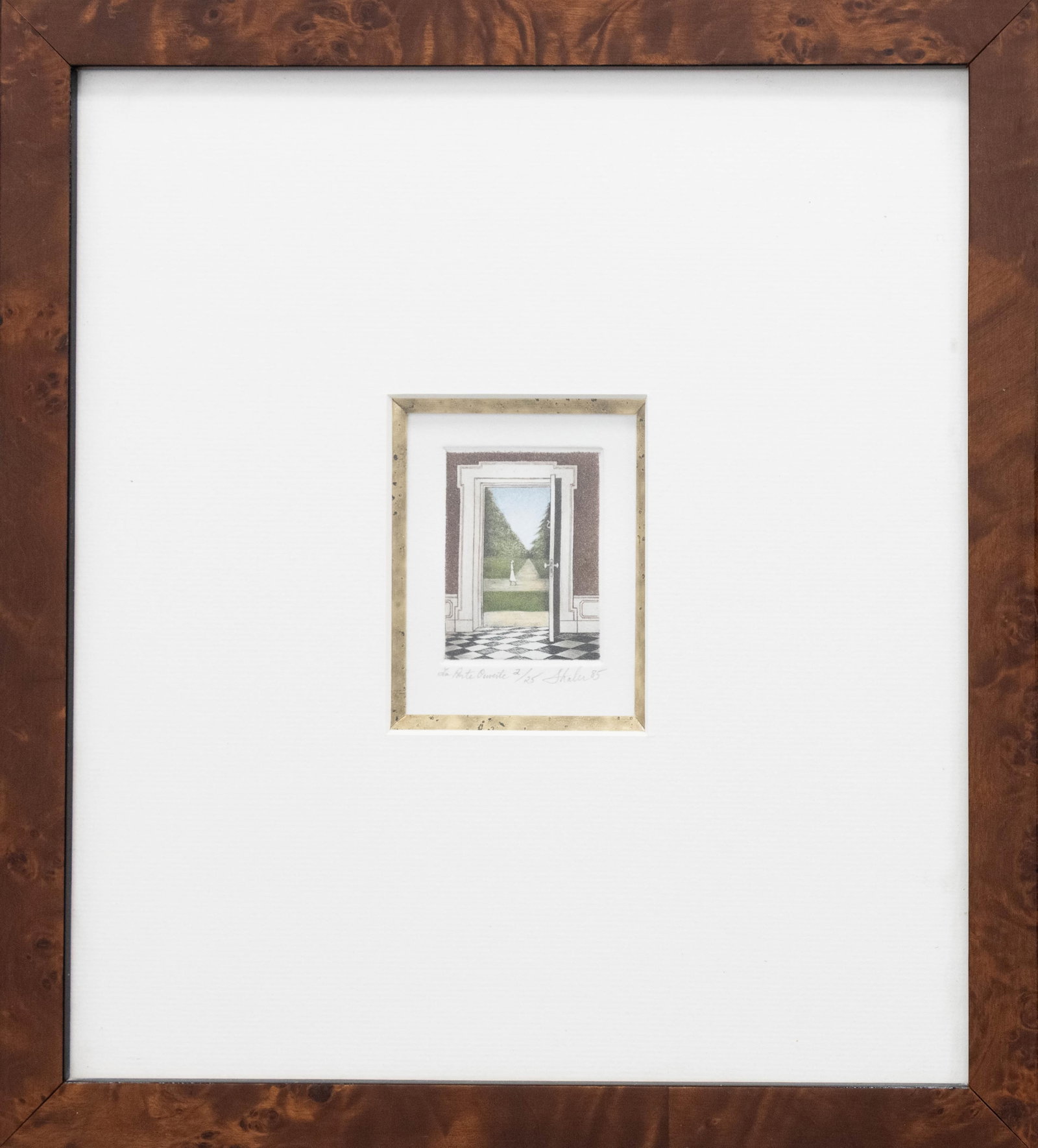Lynn Shaler, 1955-, La Porte Ouvert, 1985, Color Aquatint Etching: Lynn Shaler 1955- La Porte Ouvert, 1985 Color Aquatint Etching Edition 2/25 Approximate frame size: 12” H x 11” W Approximate image size: 3.25” H x 2.5” W Lynn Shale