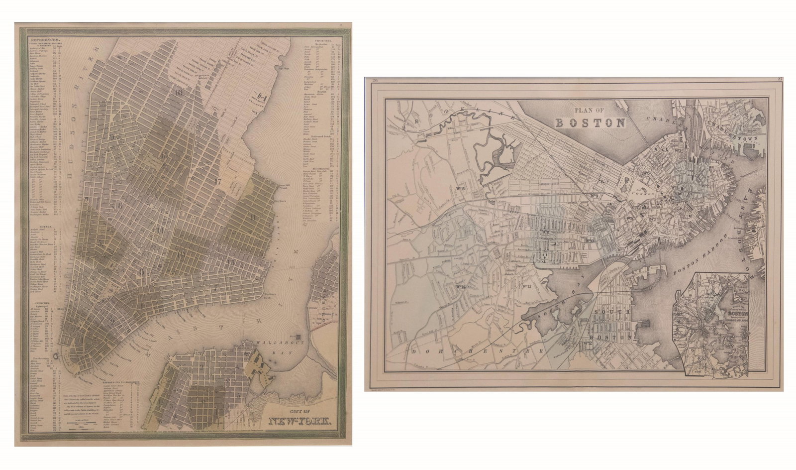 Group of Two: City of New York Map, Plan of Boston, Hand Colored Lithograph: Group of Two: City of New York Map, Plan of Boston Hand Colored Lithograph City of New York 'Congress 1835' Approximate frame size: 21.5” H x 18.5” W Approximate image size: 16” H x 