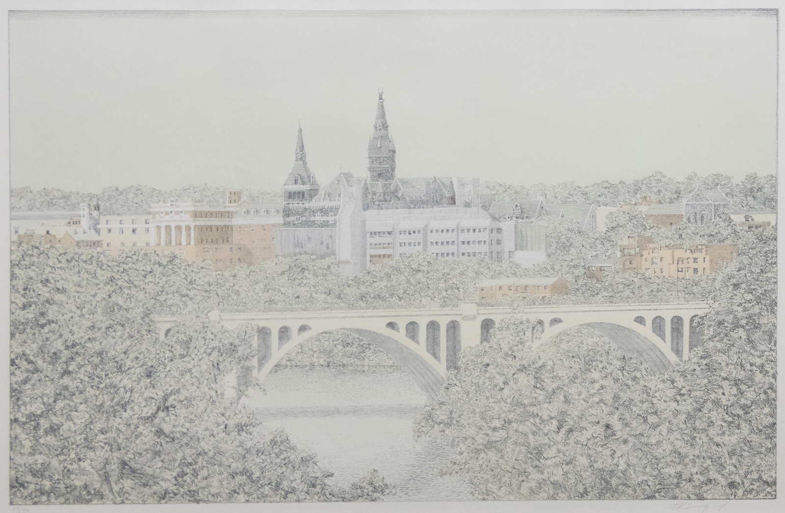 Jim Sundquist, German/American 1949-, Key Bridge View Georgetown, Lithograph: Jim Sundquist German/American, 1949- Key Bridge View Georgetown Lithograph Hand signed bottom right Edition 29/40 Framed, as is. Approximate frame size: 25.25” H x 31” W Ap