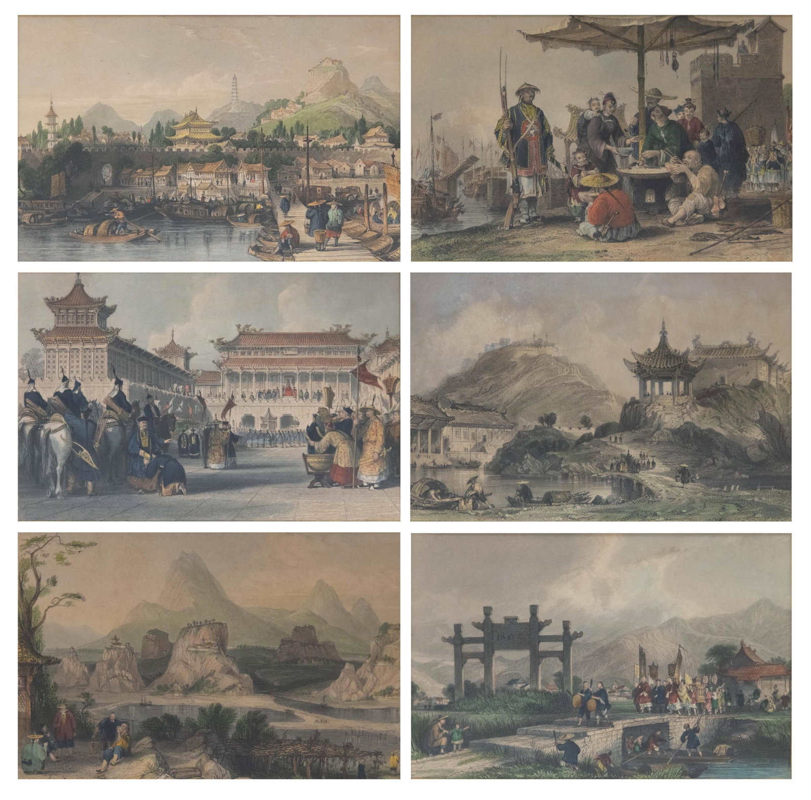Thomas Allom, British 1804-1872, Group of 6 Hand Painted Etchings 'Views of China' (1 of 14)