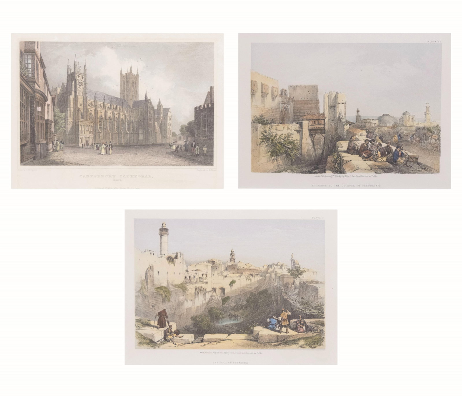 Group of 3 Engravings: Group of 3 Engravings Plate 24 - Entrance to the Citadel of Jerusalem, London, Published Aug. 1st 1855, by Day & Son, 17 Gate Street, Lincoln’s Inn Fields Approximate frame size: 13” H x 1