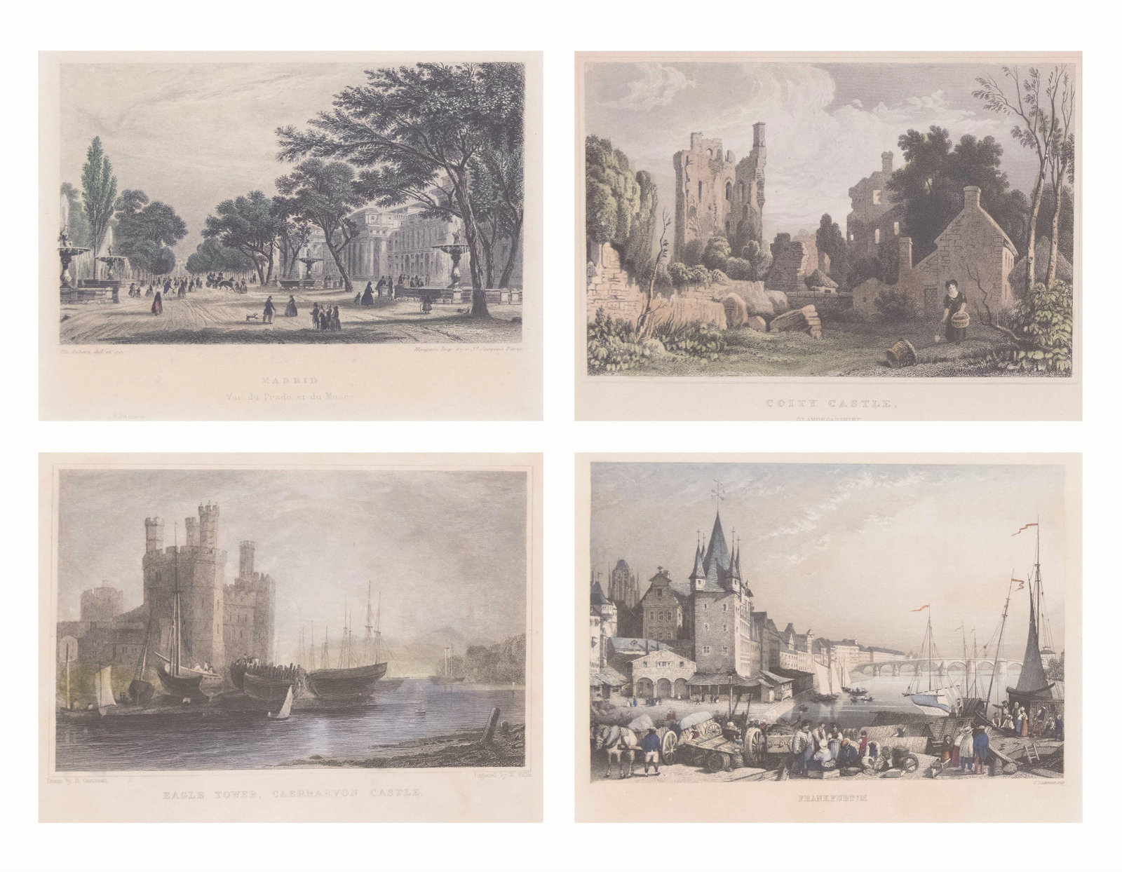 Group of 4 Engravings: Group of 4 Engravings Frankfurt A/M by C. Lindemannsculp Eagle Tower, Caernarvon Castle, drawn by H. Gastineau, engraved by W. Wallis Coity Castle, Glamorganshire Madrid, Vue du Prado et du Musé