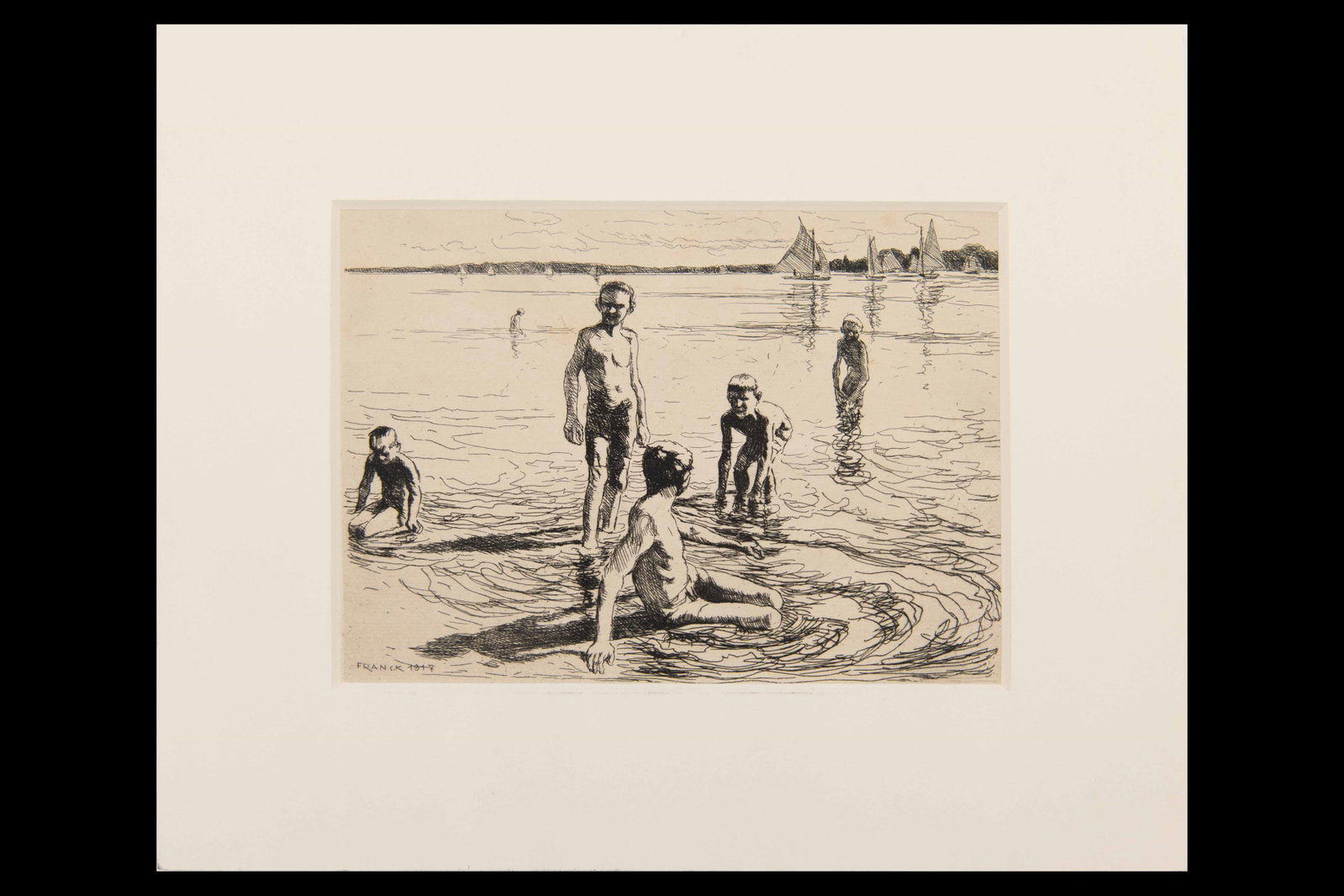 Philipp Franck, German 1860-1944, Badende Knaben am Wannsee, 1917, Drypoint Etching: Philipp Franck German, 1860-1944 Badende Knaben am Wannsee, 1917 Drypoint Etching Approximate mat size: 11.375” H x 14” W Approximate image size: 6.375” H x 9” W