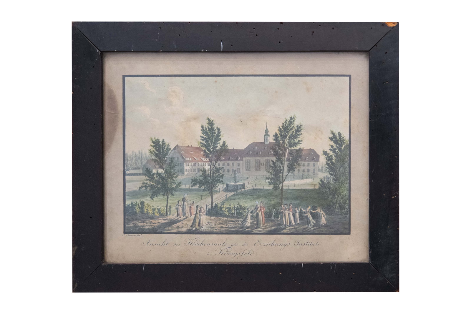 German , View of the church hall and the re-education institute in Königsfeld, Etching: German View of the church hall and the re-education institute in Königsfeld Etching Inscribed and translated: “View of the church hall and the re-education institute in Königsfeld̶