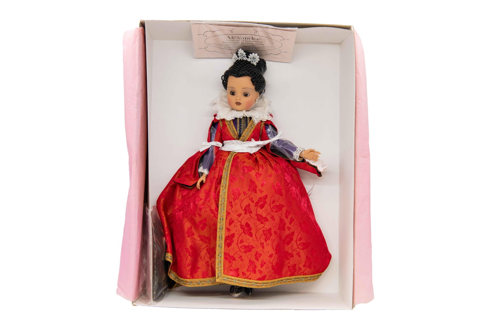Madame Alexander ‘Pocahontas by Doug James’ 36080 Doll, 2003: Madame Alexander ‘Pocahontas by Doug James’ 36080 Doll, 2003 Includes Certificate of Authenticity. Numbered 014/200. Box has minimal wear with minor creases and scuffs commensurate with ag