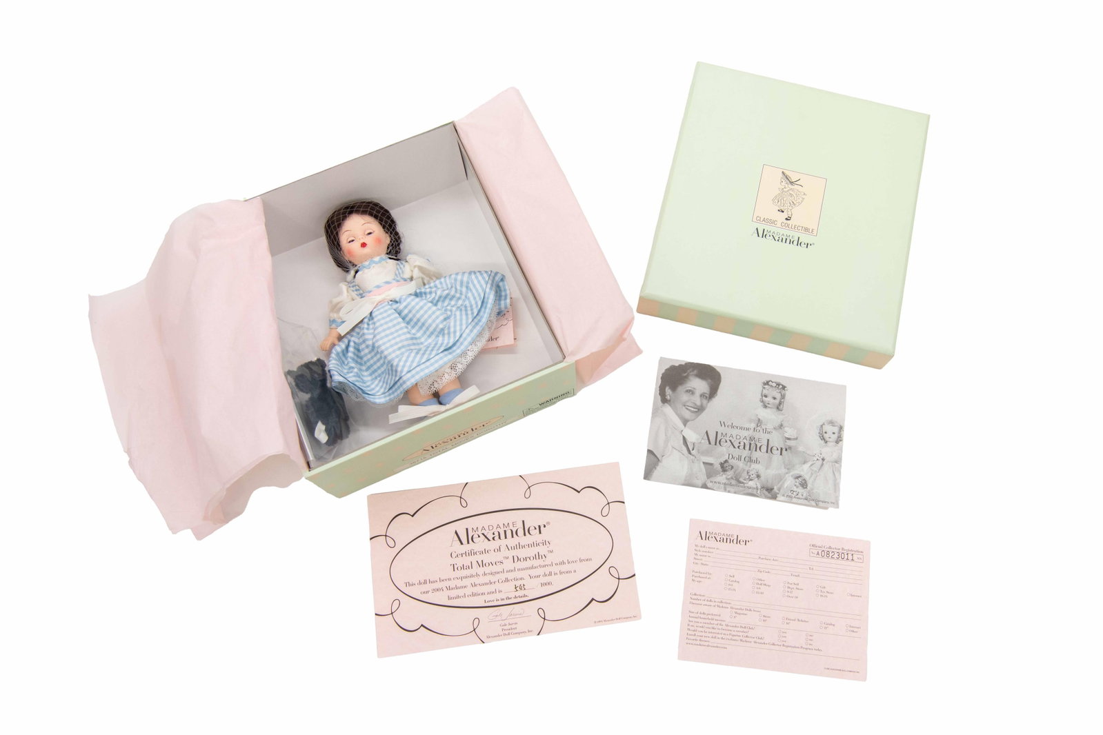 Madame Alexander ‘Total Moves Dorothy’ 38715 Doll, 2004: Madame Alexander ‘Total Moves Dorothy’ 38715 Doll, 2004 Includes Certificate of Authenticity. Numbered 505/1000 or 565/1000 (Illegible). Box has minor scuffing and denting commensurate wit