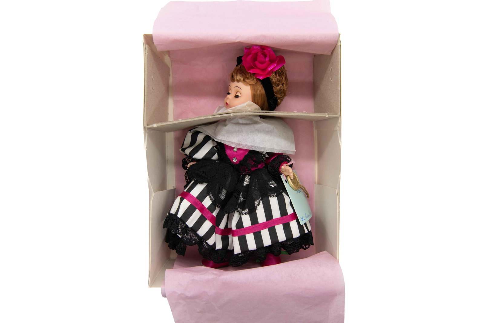 Madame Alexander ‘France’ 75th Anniversary Doll, 1998, 24020: Madame Alexander ‘France’ 75th Anniversary Doll, 1998, 24020 Box has very minimal wear with a small dent commensurate with age. Approximate box size: 3.5” H x 6.25” W x 8.25