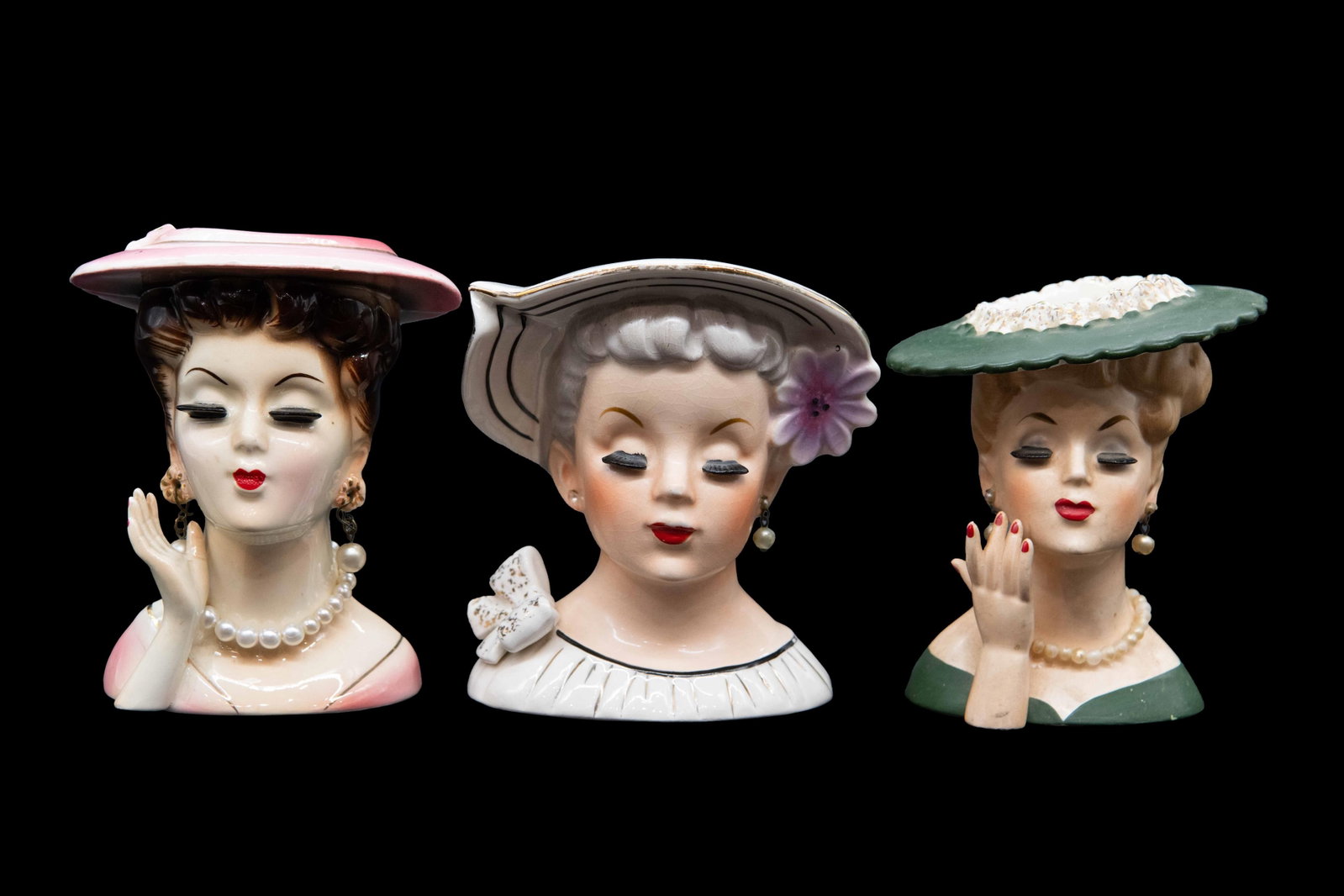 Group of 3 Porcelain Lady Head Vases: Group of 3 Porcelain Lady Head Vases Green Bust marked 1958 on base Approximate size each: 4.75” H x 4” W x 2.75” D