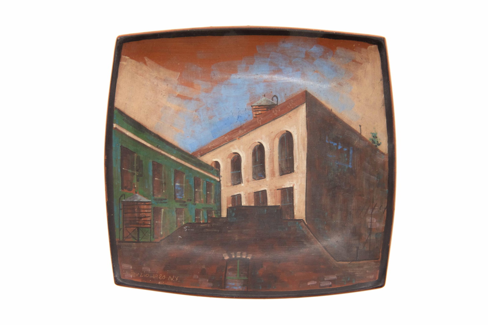 Lydia Buzio, Uruguayan/American 1948-2014, Earthenware Cityscape, 1980, Terracotta Plate (1 of 6)
