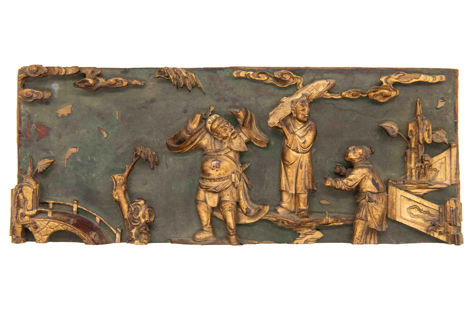 Antique Gold Gilt Wood Carved Panel of Chinese Scene: Antique Gold Gilt Wood Carved Panel of Chinese Scene 19th Century Antique Gold Gilt Wood Carved Panel of Chinese Scene Approximate size: 1.5” H x 17.625” W x 7” D