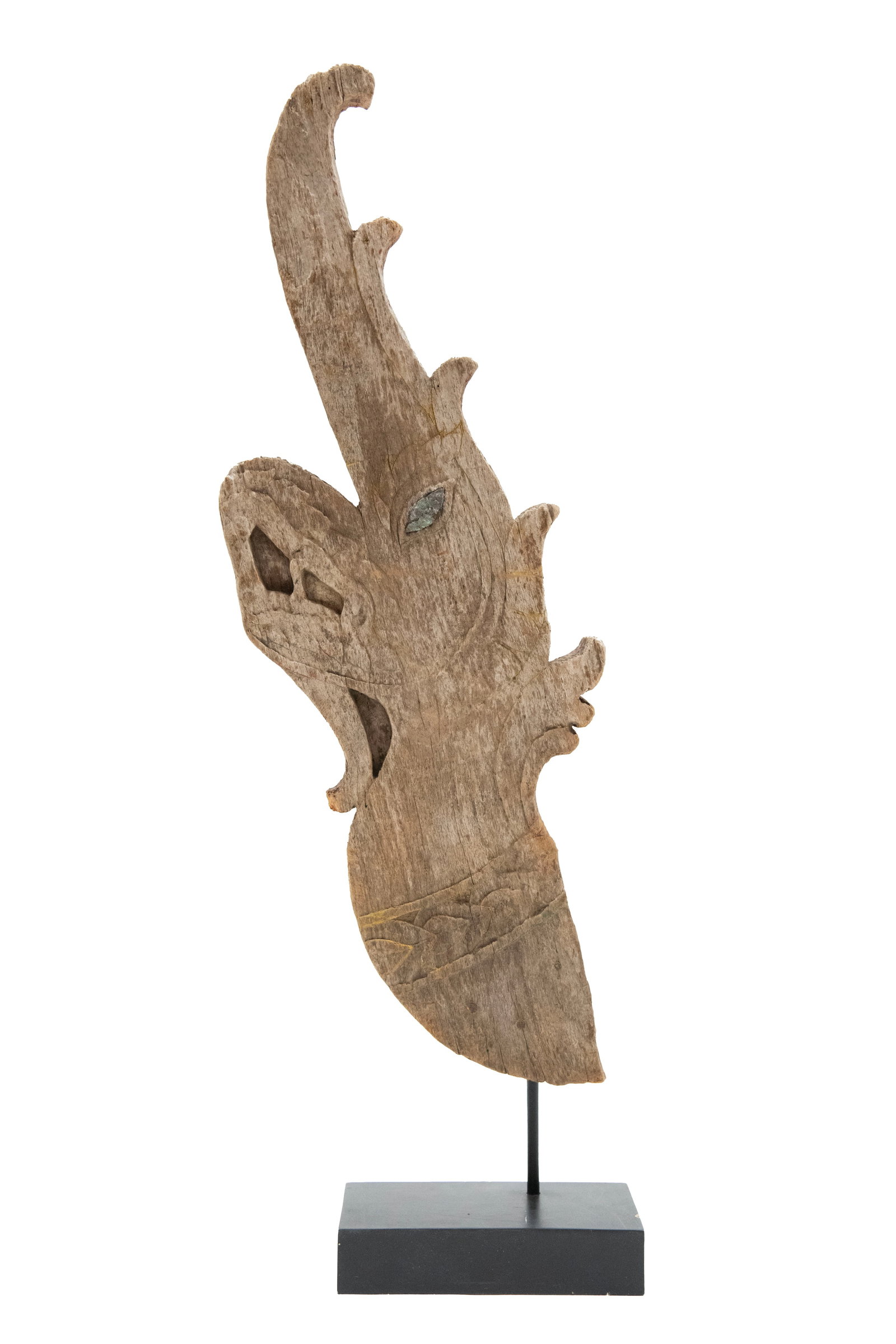 Thai Carved Wooden Naga Roof Finial Sculpture: Thai Carved Wooden Naga Roof Finial Sculpture Mandalay Period 19th Century Thai Carved Wooden Naga Roof Finial Sculpture from the roof of a Buddhist Wat (Temple) Approximate size: 35” H x 11.25&