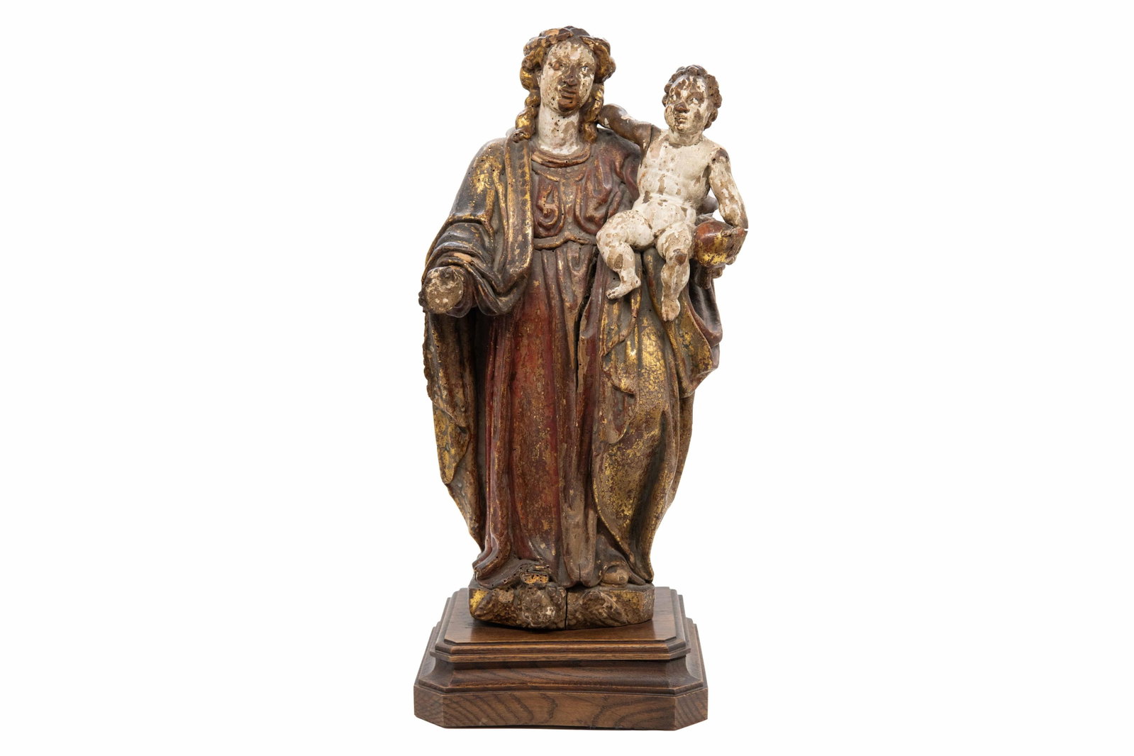 16th Century Spanish Gilt & Painted Wood Madonna & Child: 16th Century Spanish Gilt & Painted Wood Madonna & Child 16th Century Spanish Gilt & Painted Wood Madonna & Child Approximate size: 21” H x 9.5” W x 7” D Provenance: Sotheby's Europe