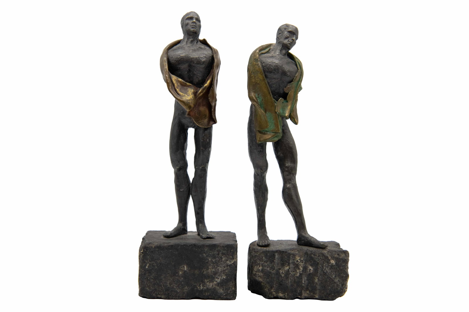 Pair of Metal Statues on Stone Bases by Daniel Paz, 1989: Pair of Metal Statues on Stone Bases by Daniel Paz, 1989 Pair of Metal Statueson Stone Bases by Daniel Paz, 1989 Approximate size of larger piece: 8.625” H x 2.875” W x 2.125” D Appr