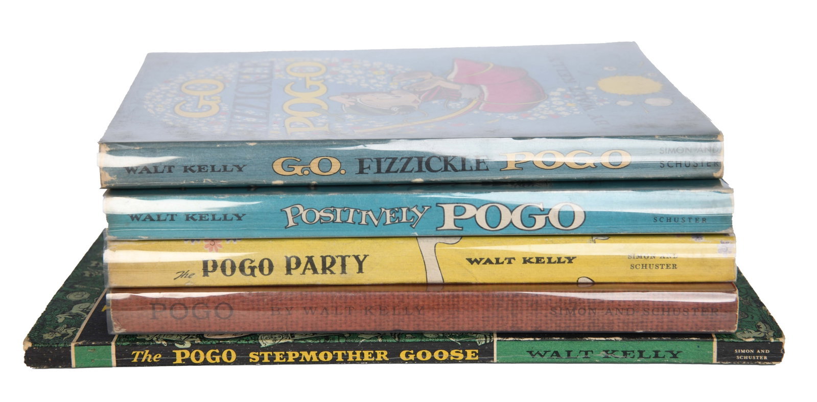 Group of 5 Pogo Books by Walt Kelly: Group of 5 Pogo Books by Walt Kelly 1. Go Fizzickle Pogo By Walt Kelly Published by Simon and Schuster in 1958 Paperback cover Mylar dust jacket Scuff marks on front and back cover Hinge of spine loos