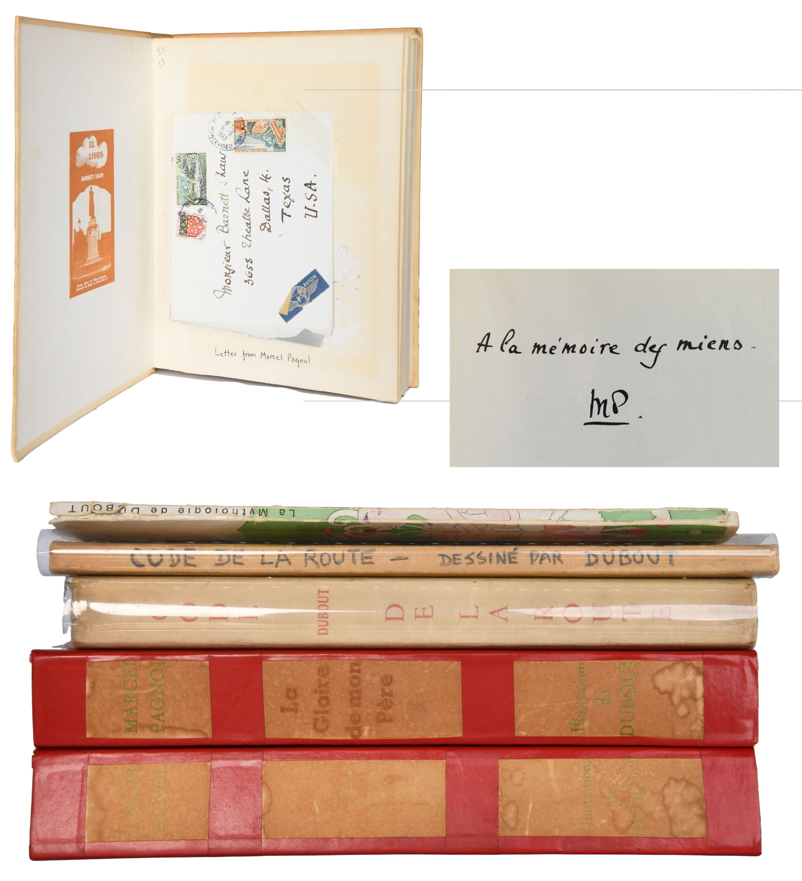 Group of 5 Dubout Books: Group of 5 Dubout Books 1. Le Chateau de ma Mere Illustrations de Dubout By Marcel Pagnol Hardcover Scuff marks on front and back cover Some staining on spine edges Handwritten letter taped on inside 