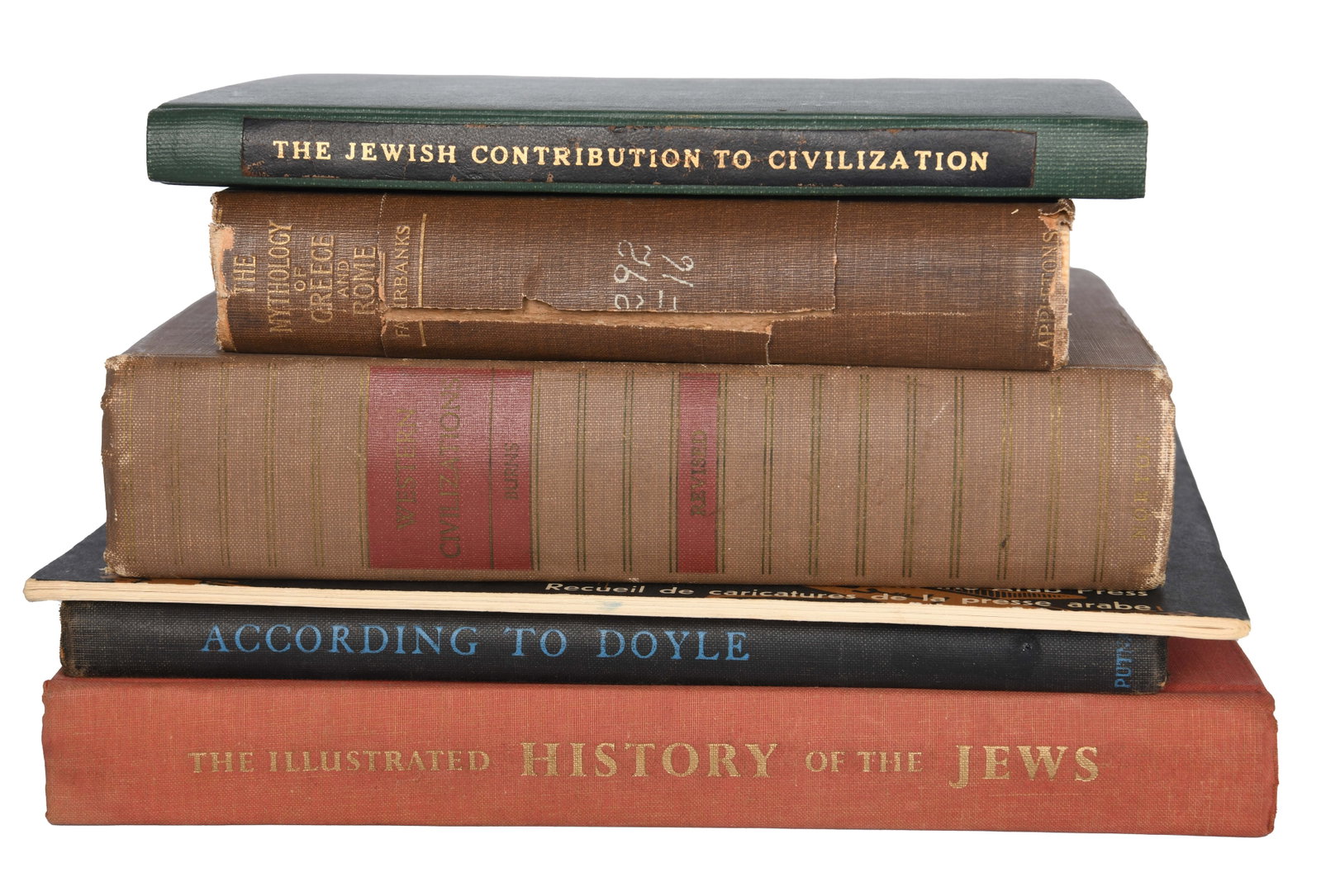 Group of 6 Historical Books Incl. Jewish Contributions to Civilization: Group of 6 Historical Books Incl. Jewish Contributions to Civilization 1. The Mythology of Greece and Rome By Arthur Fairbanks Published by D. Appleton and Company in 1907 Hardcover Paper on spine is 