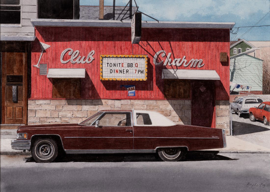 John Baeder (American b.1938) Club Charm, Paterson, NJ: John Baeder (American b. 1938), " Club Charm ", Paterson, NJ, watercolor on paper, 2009. Sheet, 23 h x 30 w inches, Image, 21 1/4 h x 28 w inches. Frame: 32 h x 40 w inches. Signed and dated lower rig