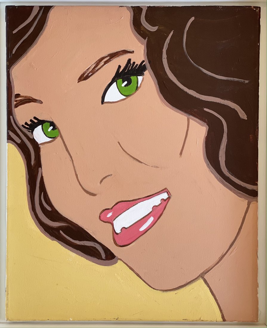 Marjorie Strider (AM,1931-2014) Girl with Green Eyes: Marjorie Virginia Strider ( American, 1931-2014 ) " The Girl with Green Eyes " Acrylic on canvas, unsigned. 20h x 16w inches, Frame: 23h x 20w inches. Provenance: Lawrence Fine Art, Private Collection