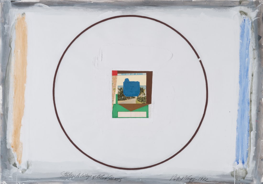 Peter Plagens (AM b.1941) A Collage of Arts and Science: Peter Plagens ( American b. 1941 ) A Collage of Arts and Sciences " 1982, mixed media on paper, 34 1/2 h x 49 1/2 w inches, Frame: 37 1/4 h x 50 1/8 w inches. Float mounted, under glass, waving. Penci